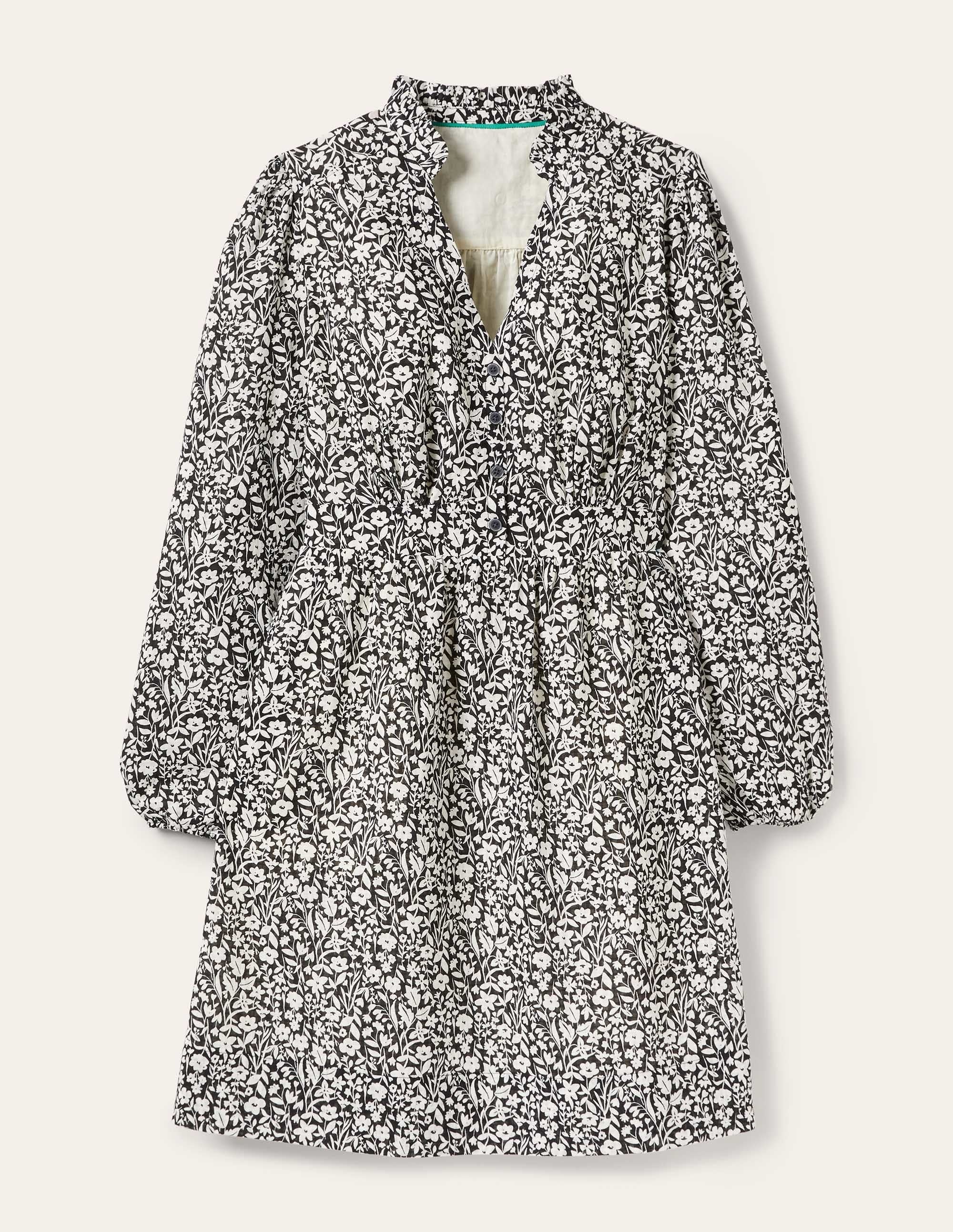 Notch Neck Mini Tea Dress-Black, Wildflower Sprig - Image 5