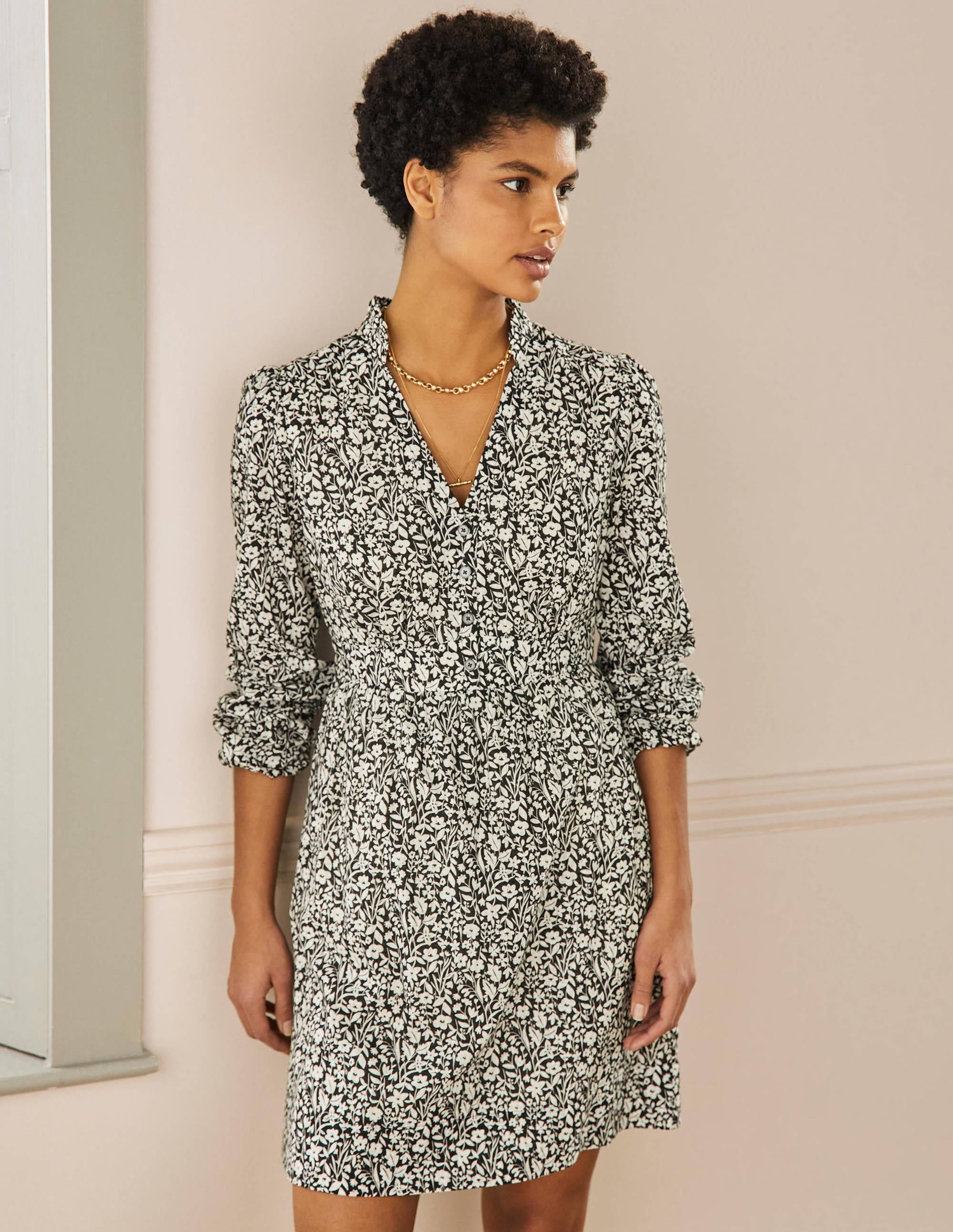 Notch Neck Mini Tea Dress-Black, Wildflower Sprig - Image 1