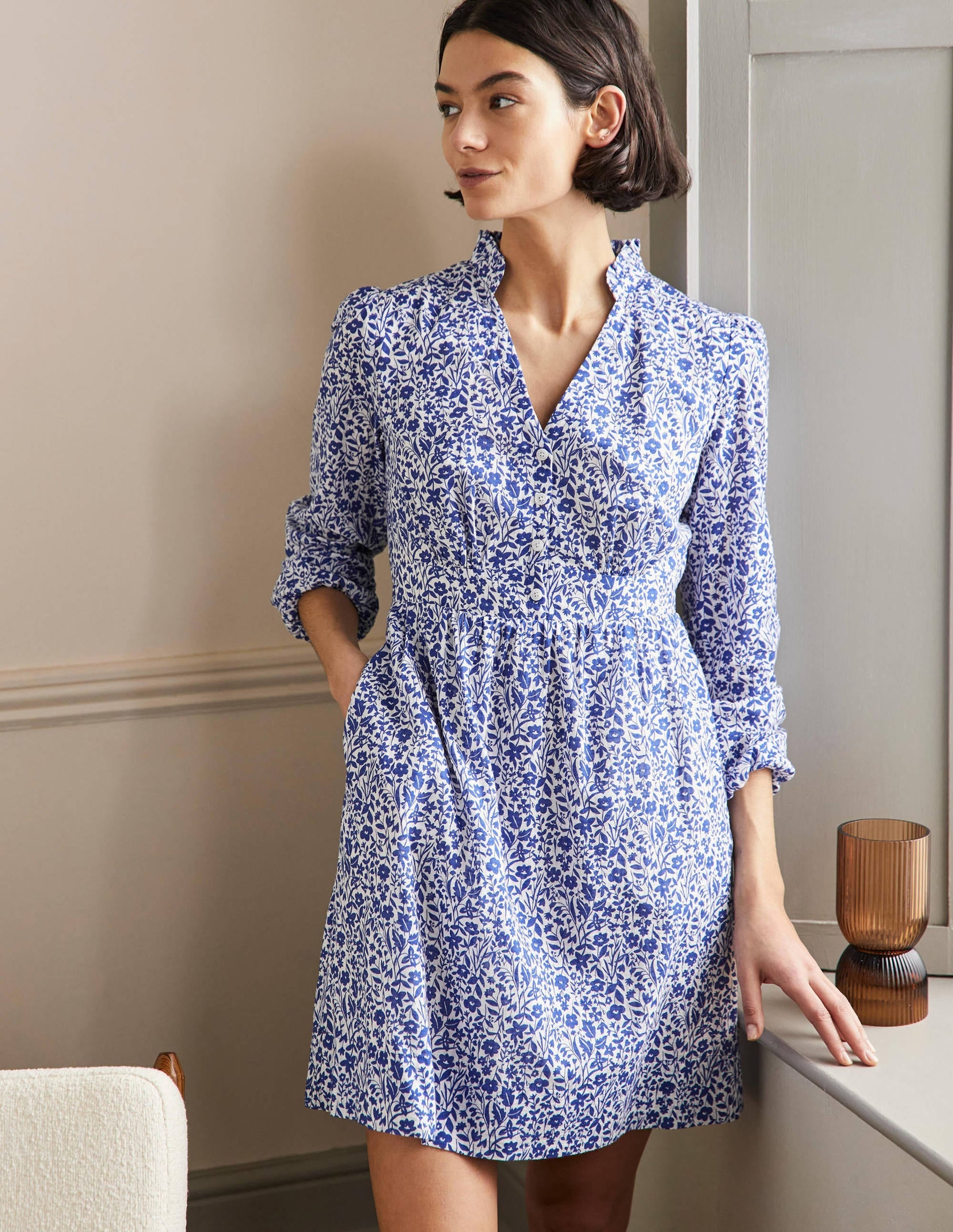 Notch Neck Mini Tea Dress-Ivory, Wildflower Sprig - Image 1
