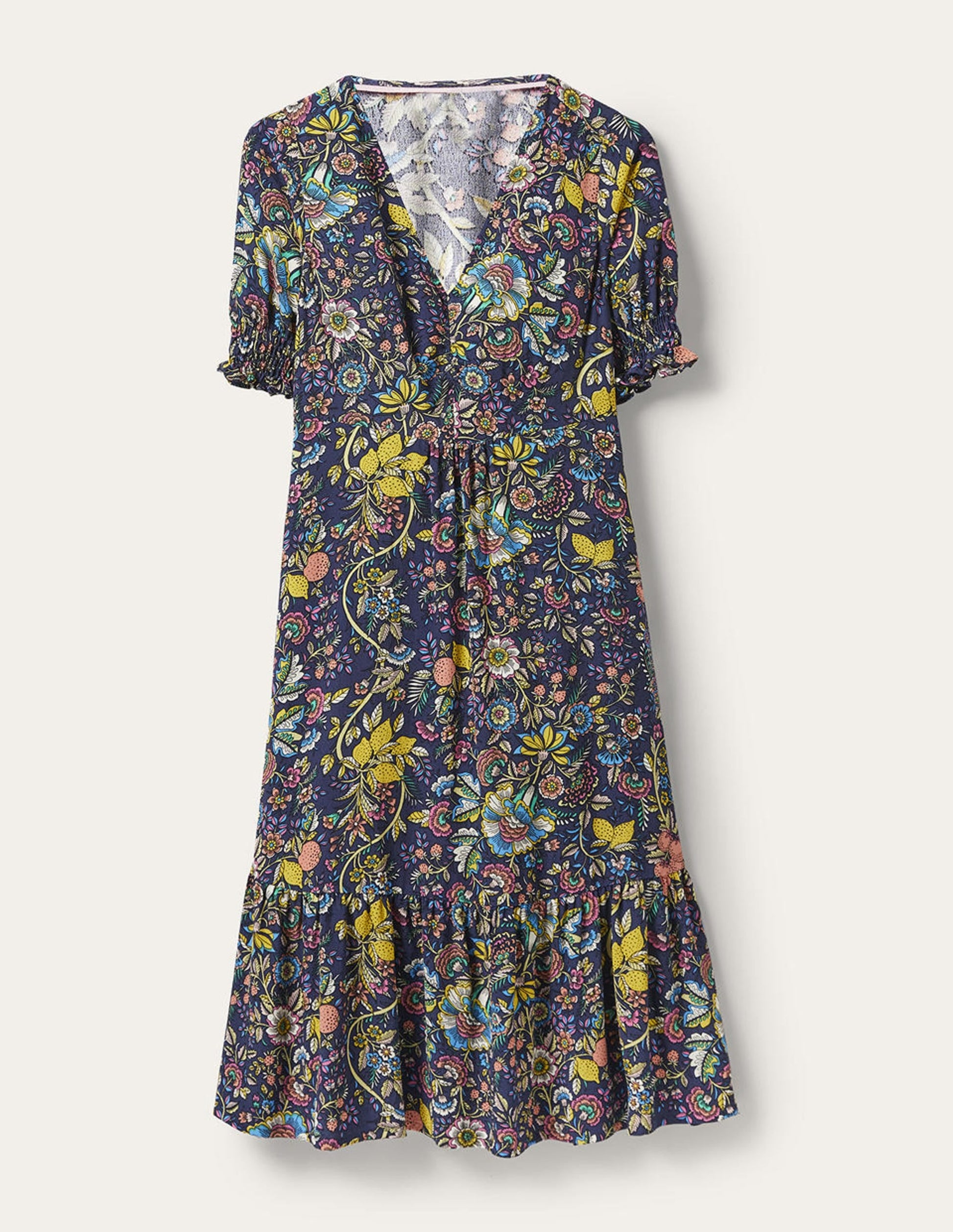 V-Neck Midi Tea Dress-French Navy, Tropic Meadow-5