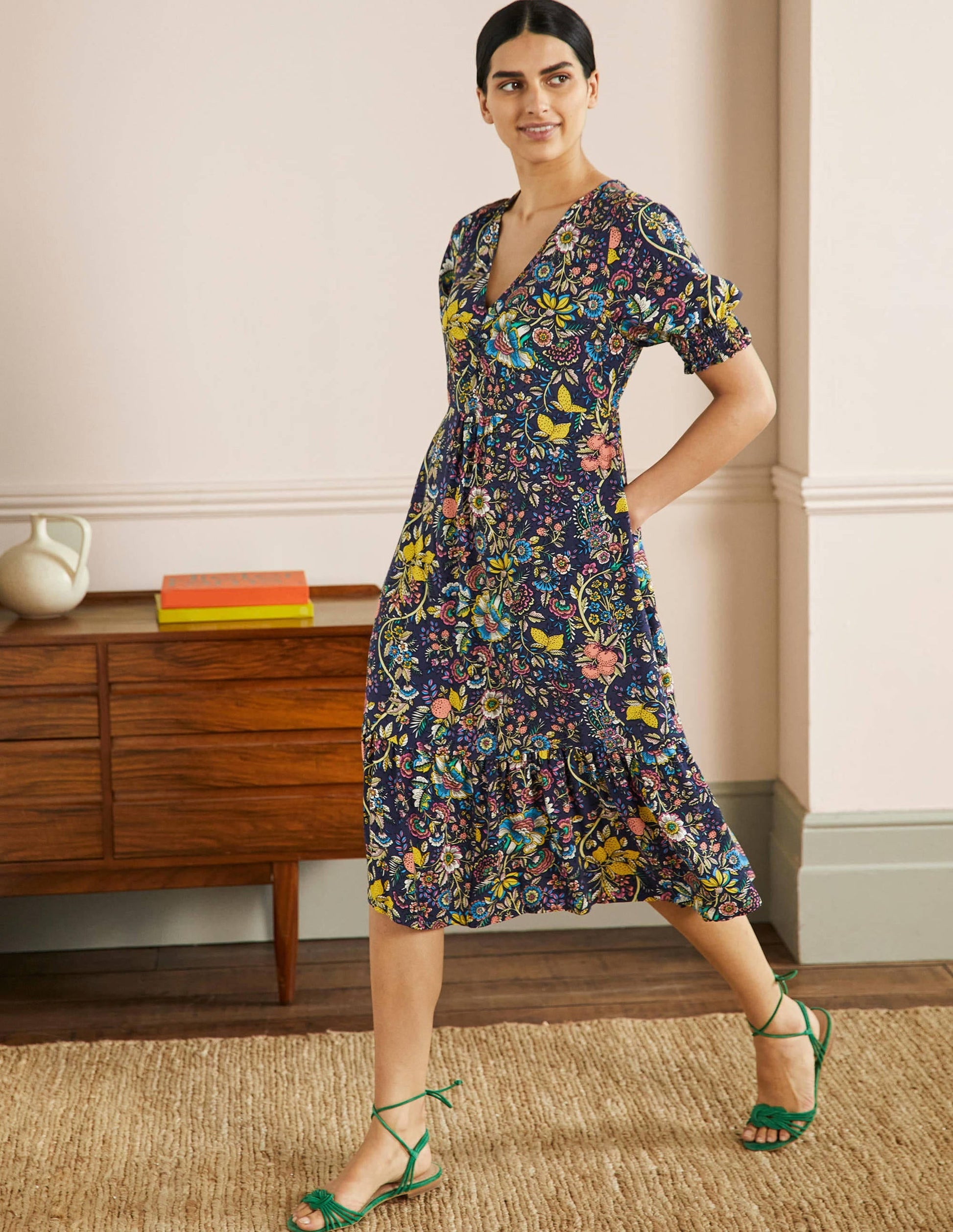 V-Neck Midi Tea Dress-French Navy, Tropic Meadow-1