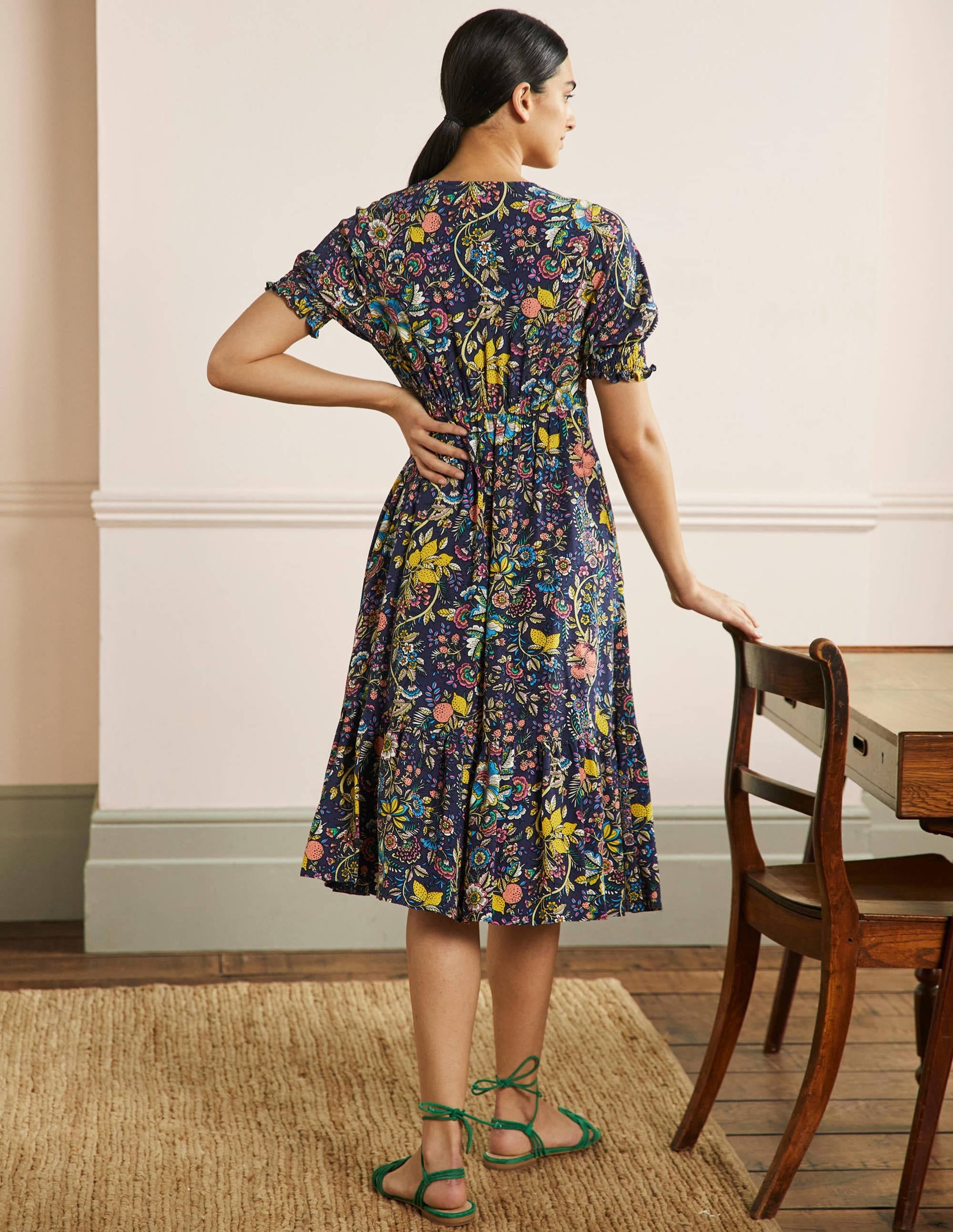 V-Neck Midi Tea Dress-French Navy, Tropic Meadow - Image 3