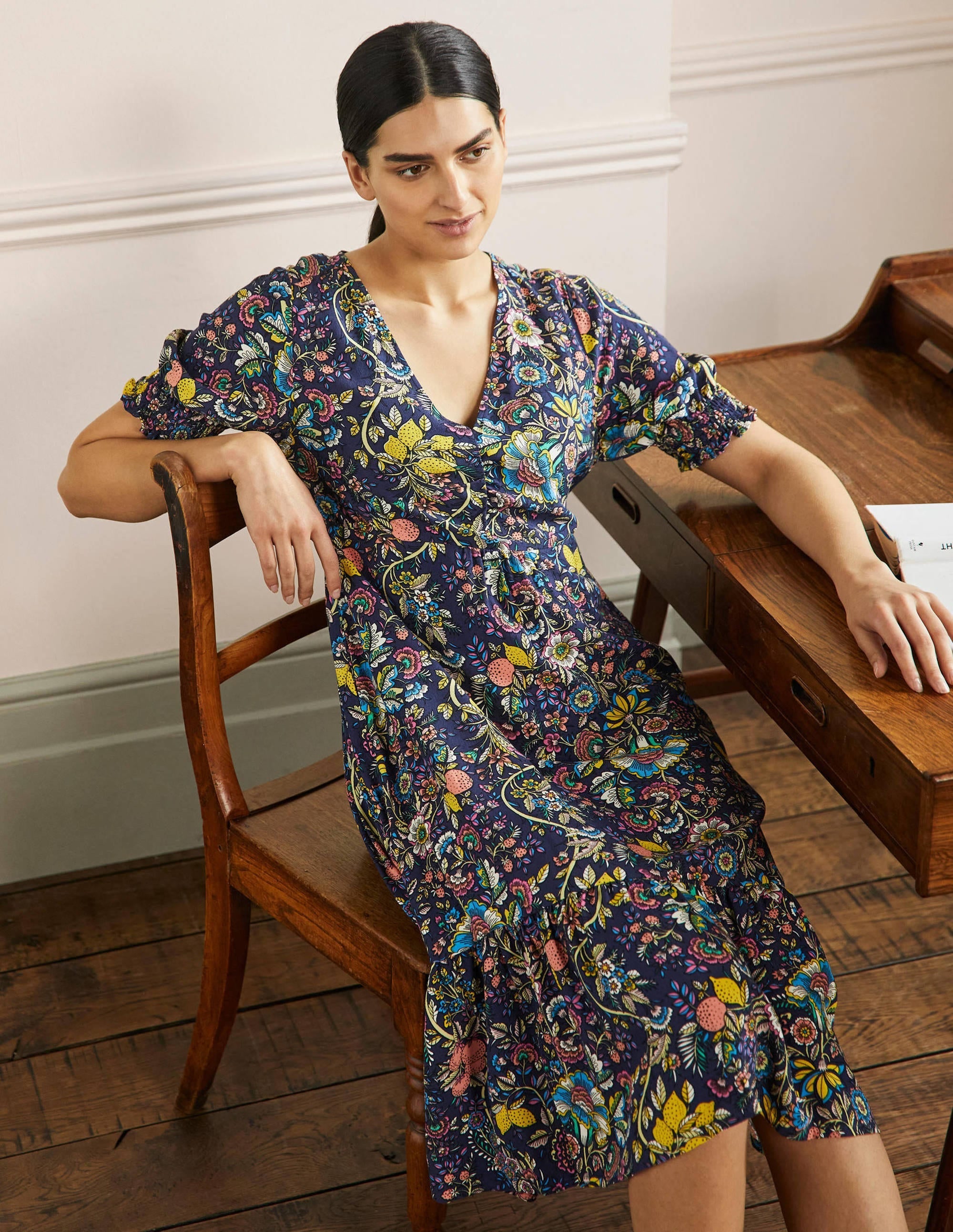 V-Neck Midi Tea Dress-French Navy, Tropic Meadow - Image 4