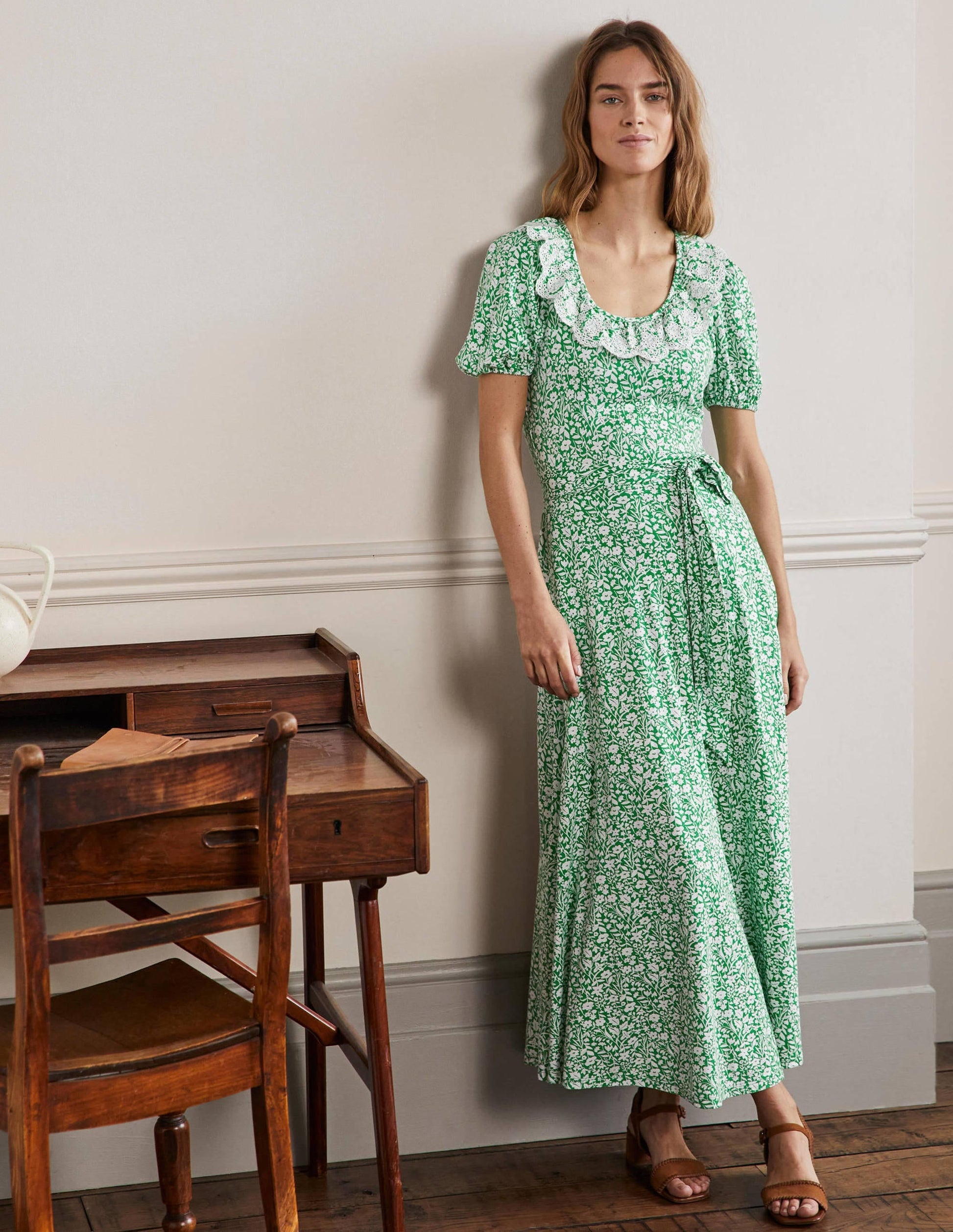 Trim Detail Jersey Midi Dress-Rich Emerald, Wildflower Sprig-1