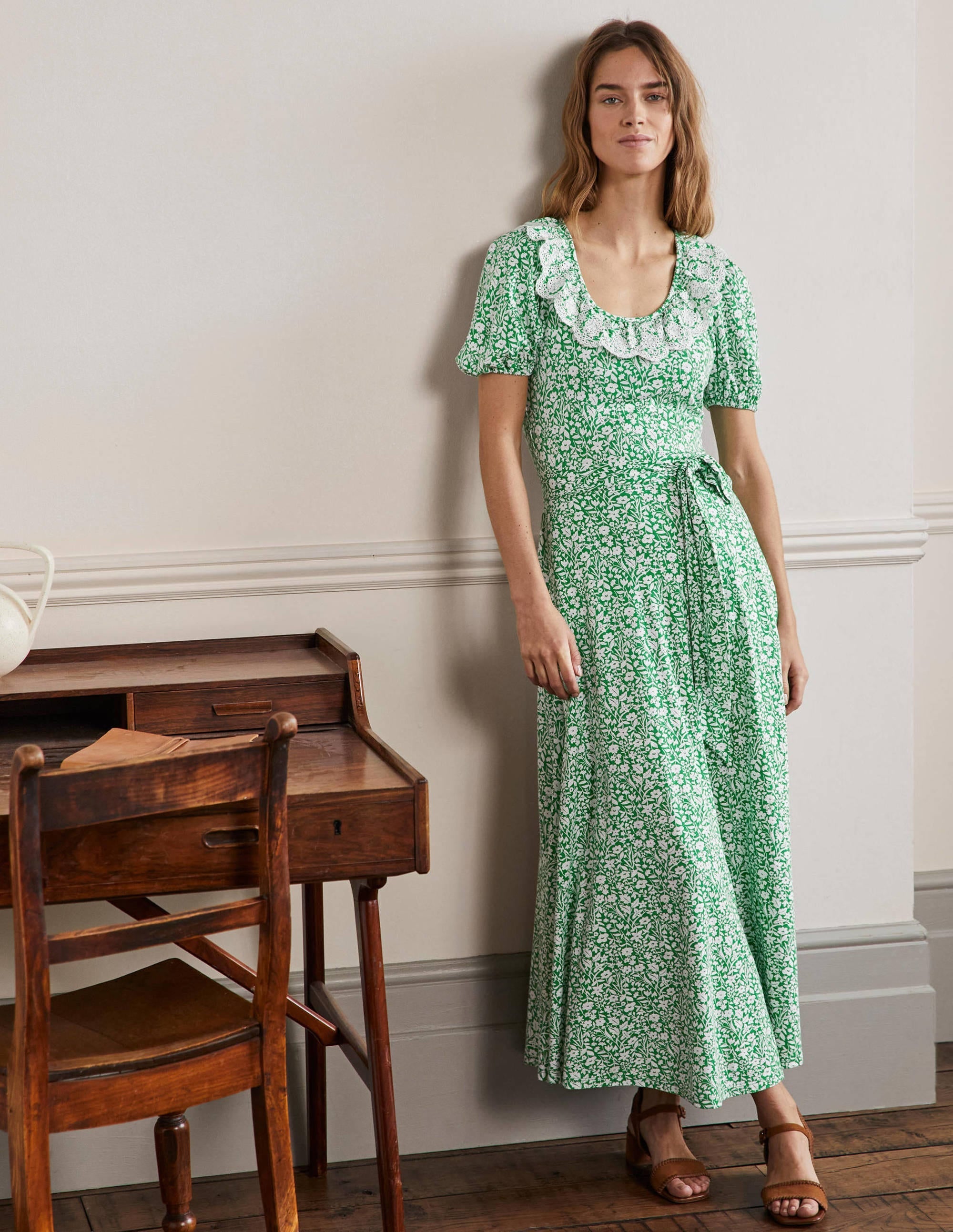 Trim Detail Jersey Midi Dress-Rich Emerald, Wildflower Sprig - Image 1
