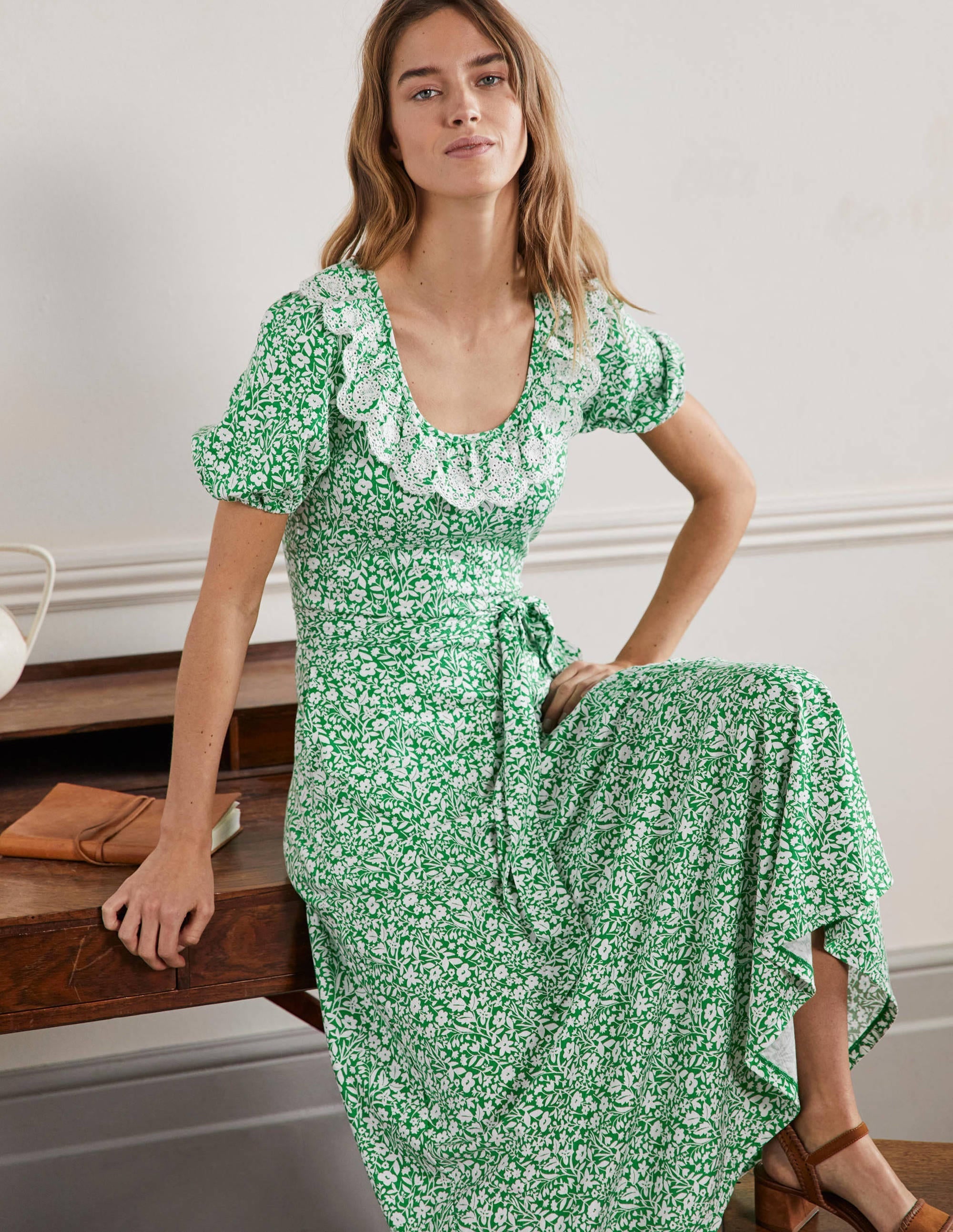 Trim Detail Jersey Midi Dress-Rich Emerald, Wildflower Sprig - Image 4