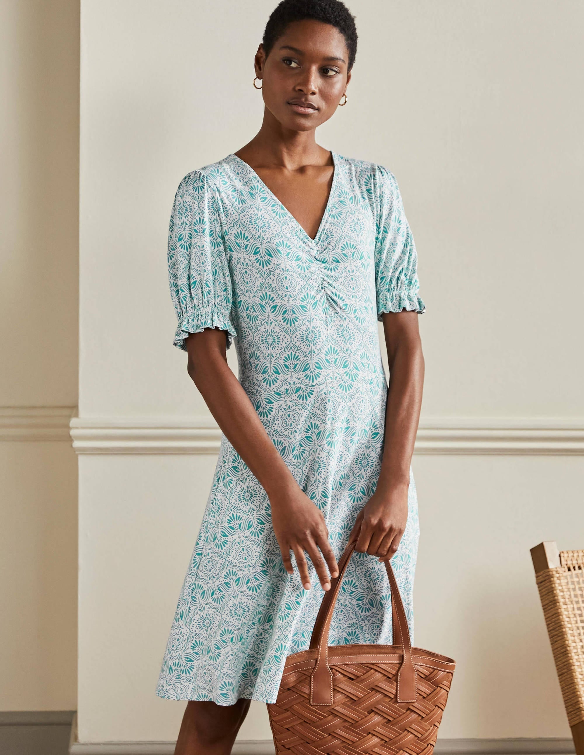 V-Neck Jersey Dress-Larkspur Oriental Diamond - Image 1