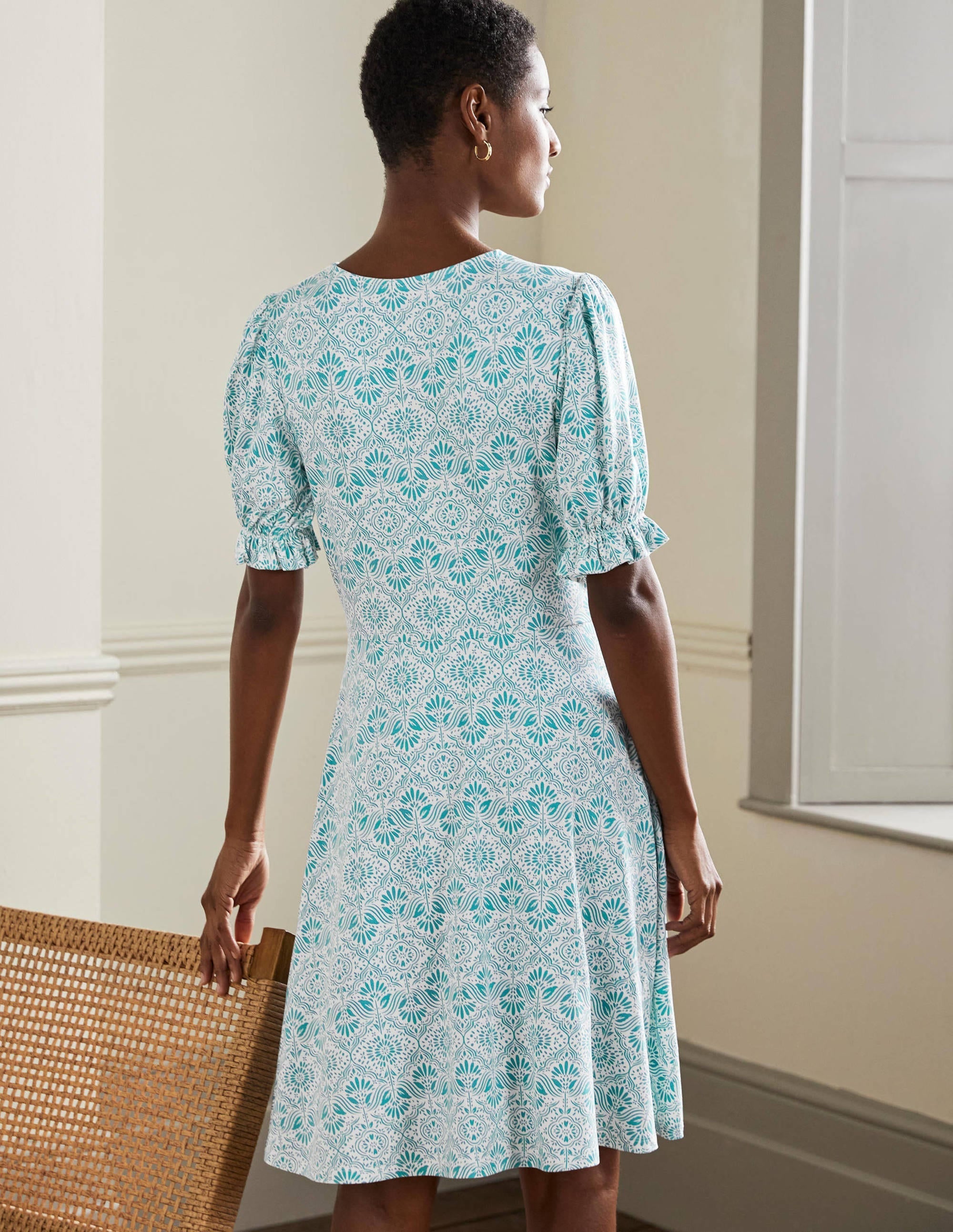 V-Neck Jersey Dress-Larkspur Oriental Diamond - Image 3