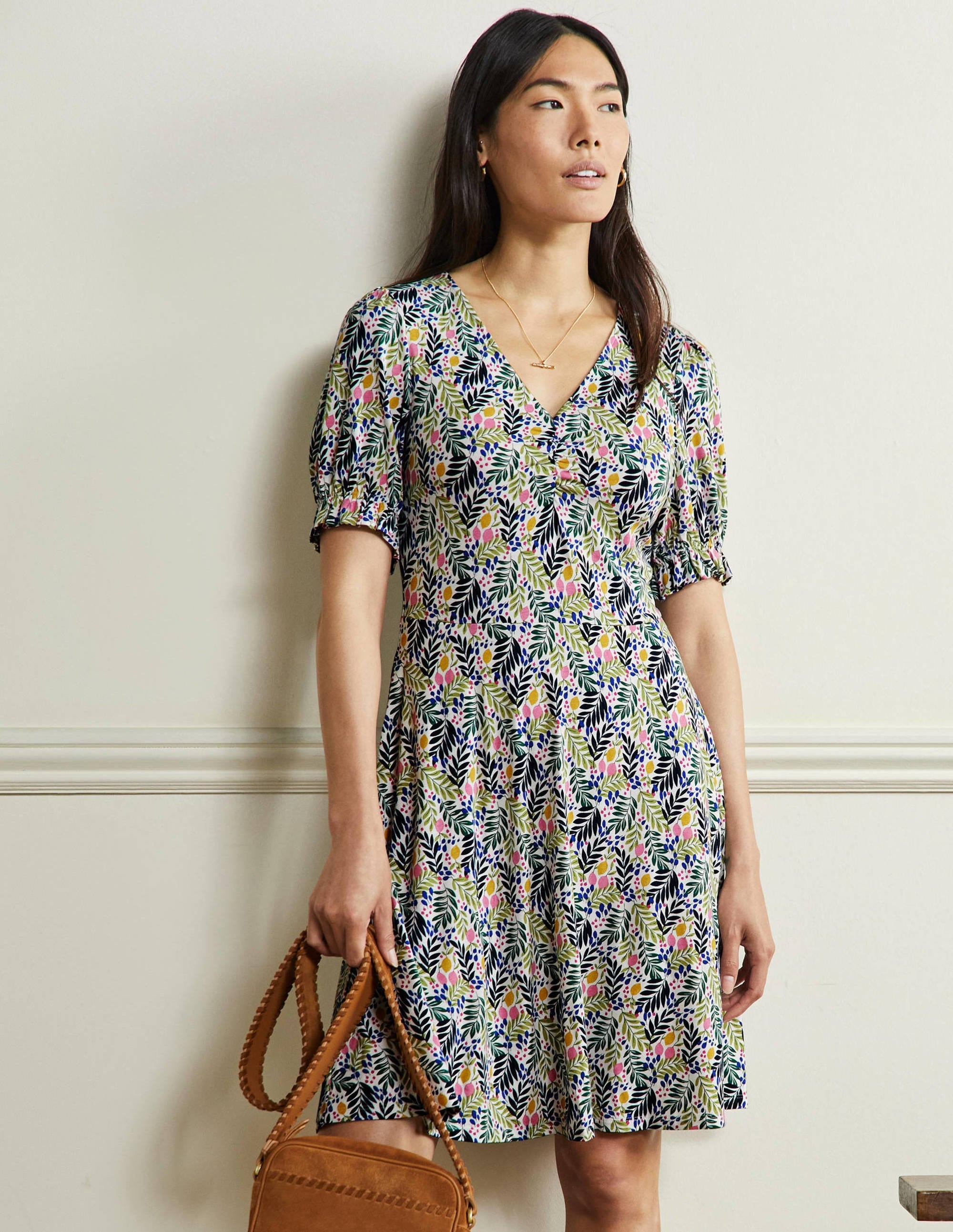 V-Neck Jersey Dress-Multi, Lemon Foliage - Image 1