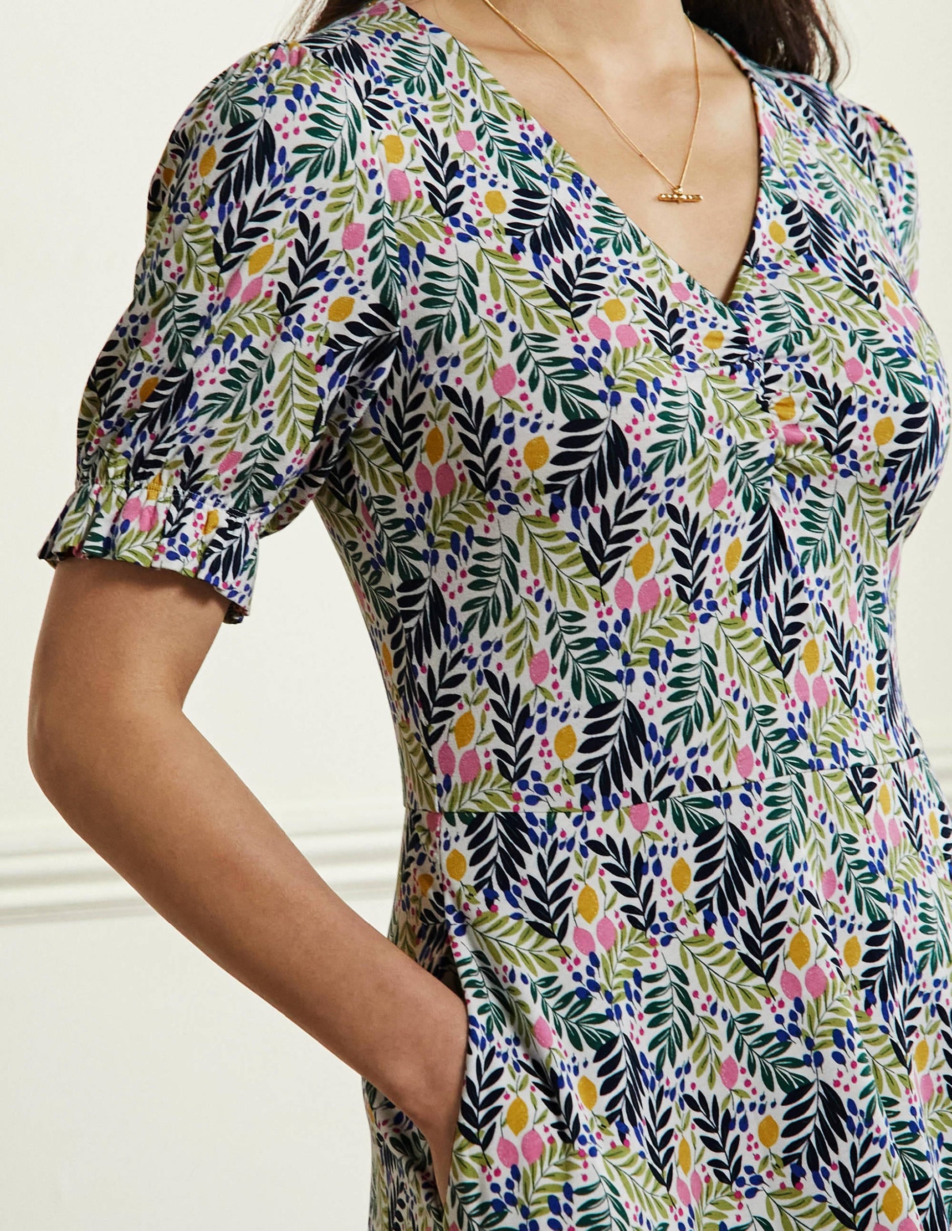 V-Neck Jersey Dress-Multi, Lemon Foliage-2