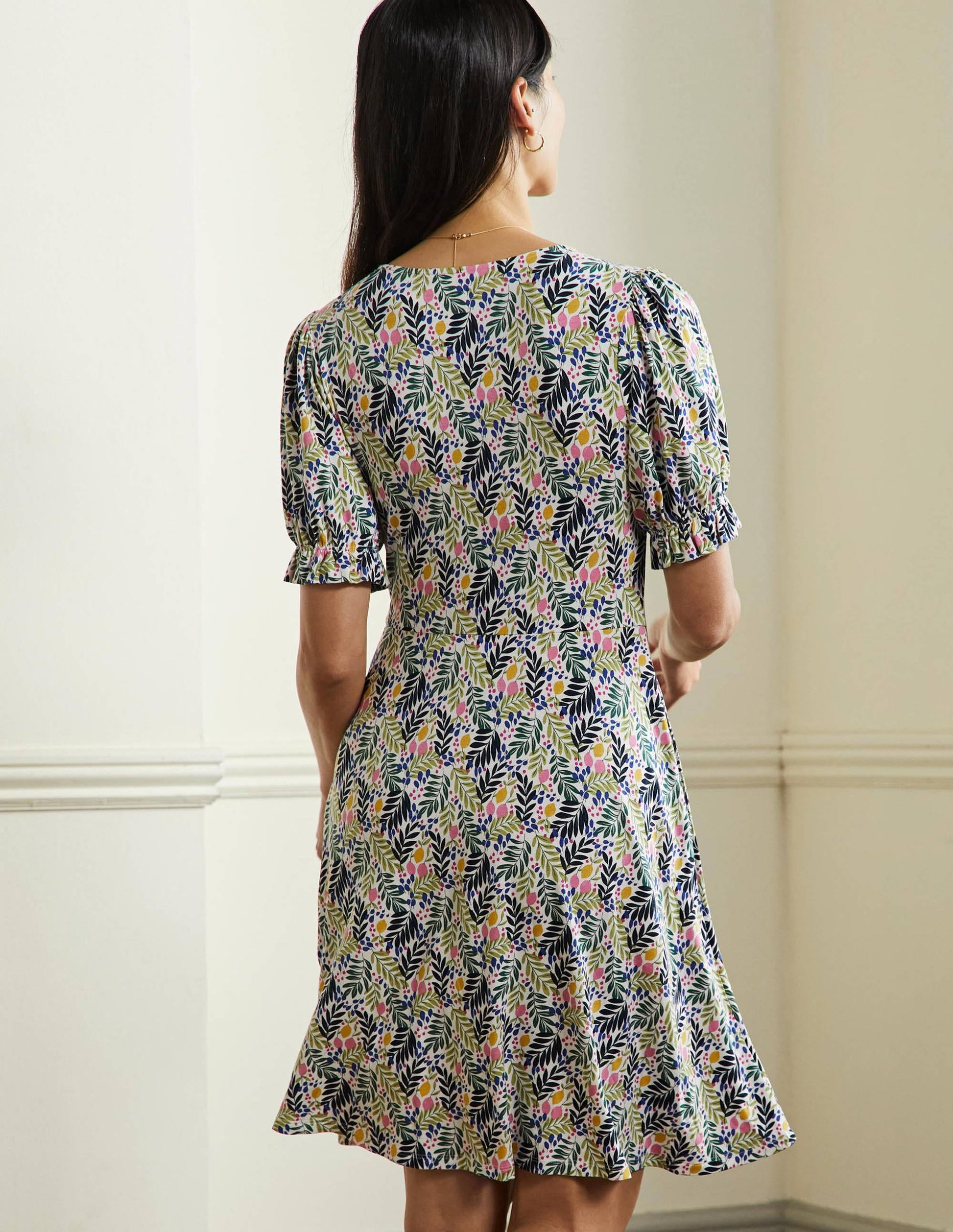 V-Neck Jersey Dress-Multi, Lemon Foliage-3
