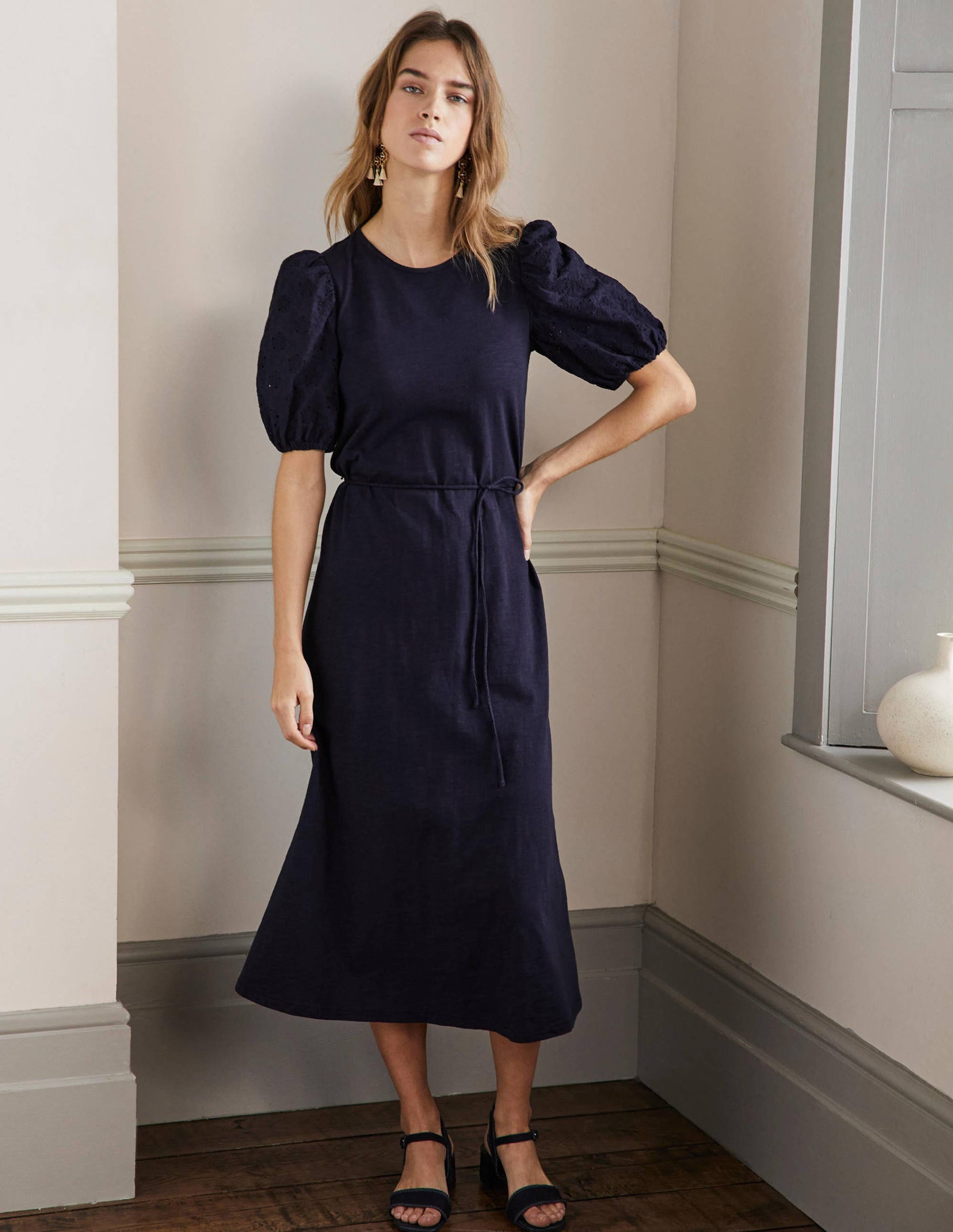 Broderie Mix Jersey Midi Dress-Navy-1