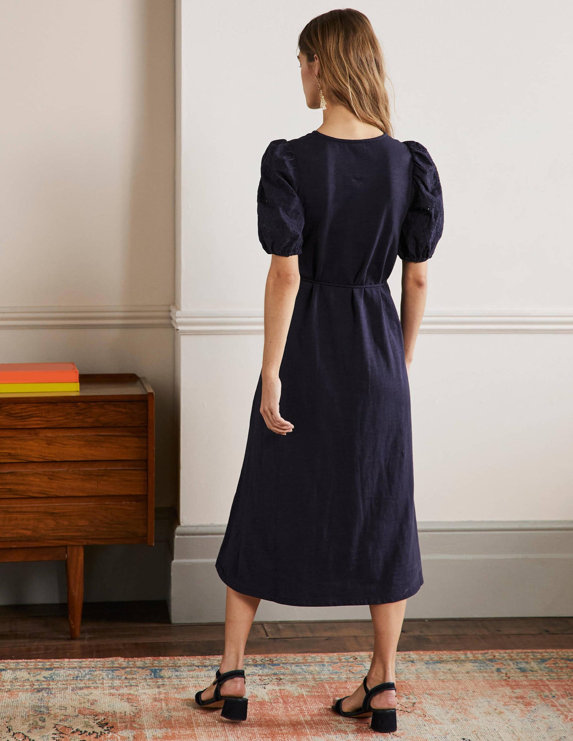 Broderie Mix Jersey Midi Dress-Navy-3