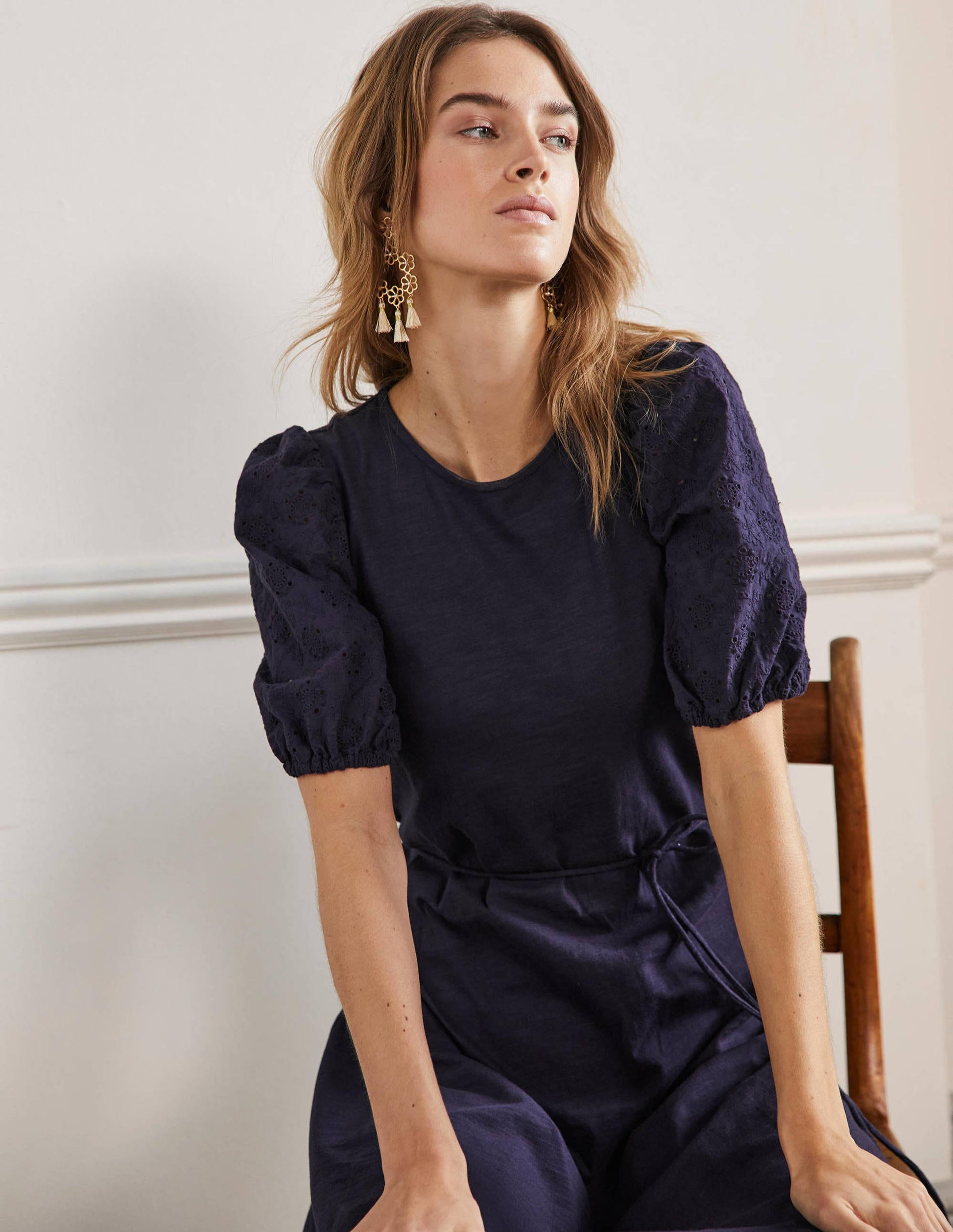 Broderie Mix Jersey Midi Dress-Navy-5