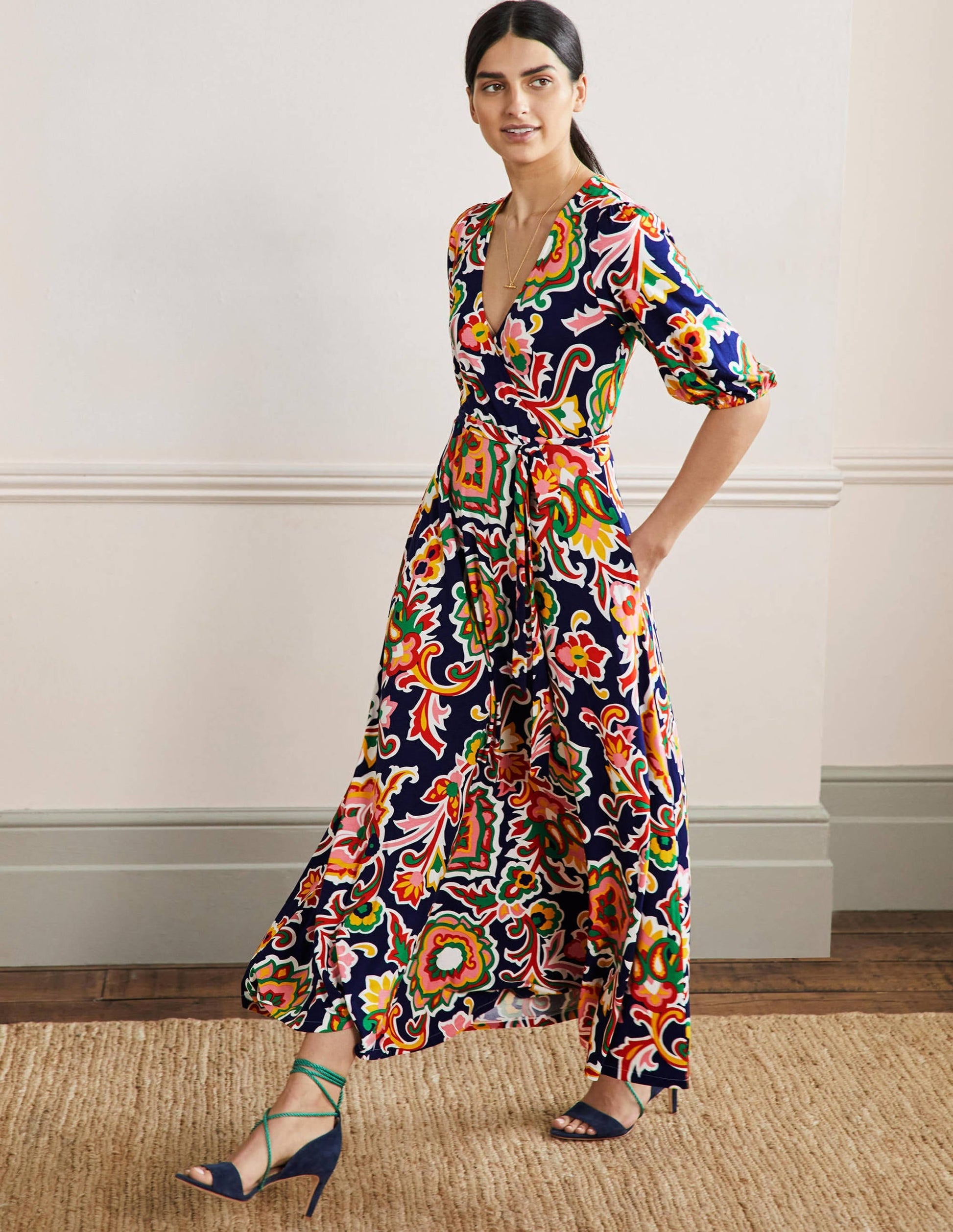 Fixed Wrap Jersey Maxi Dress-Midnight Ocean, Blooms-1