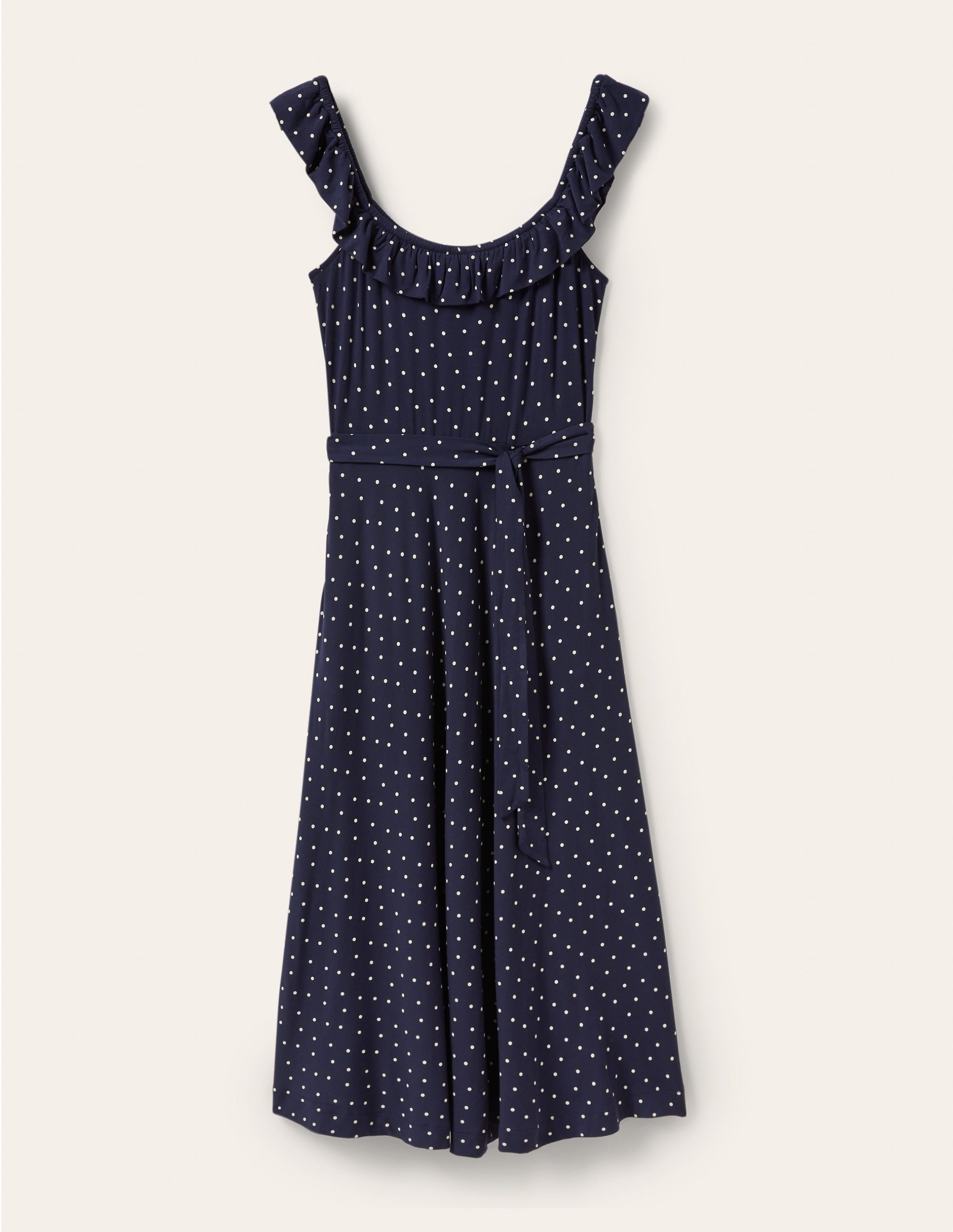 Ruffle Neck Jersey Midi Dress-French Navy, Pin Dot - Image 5