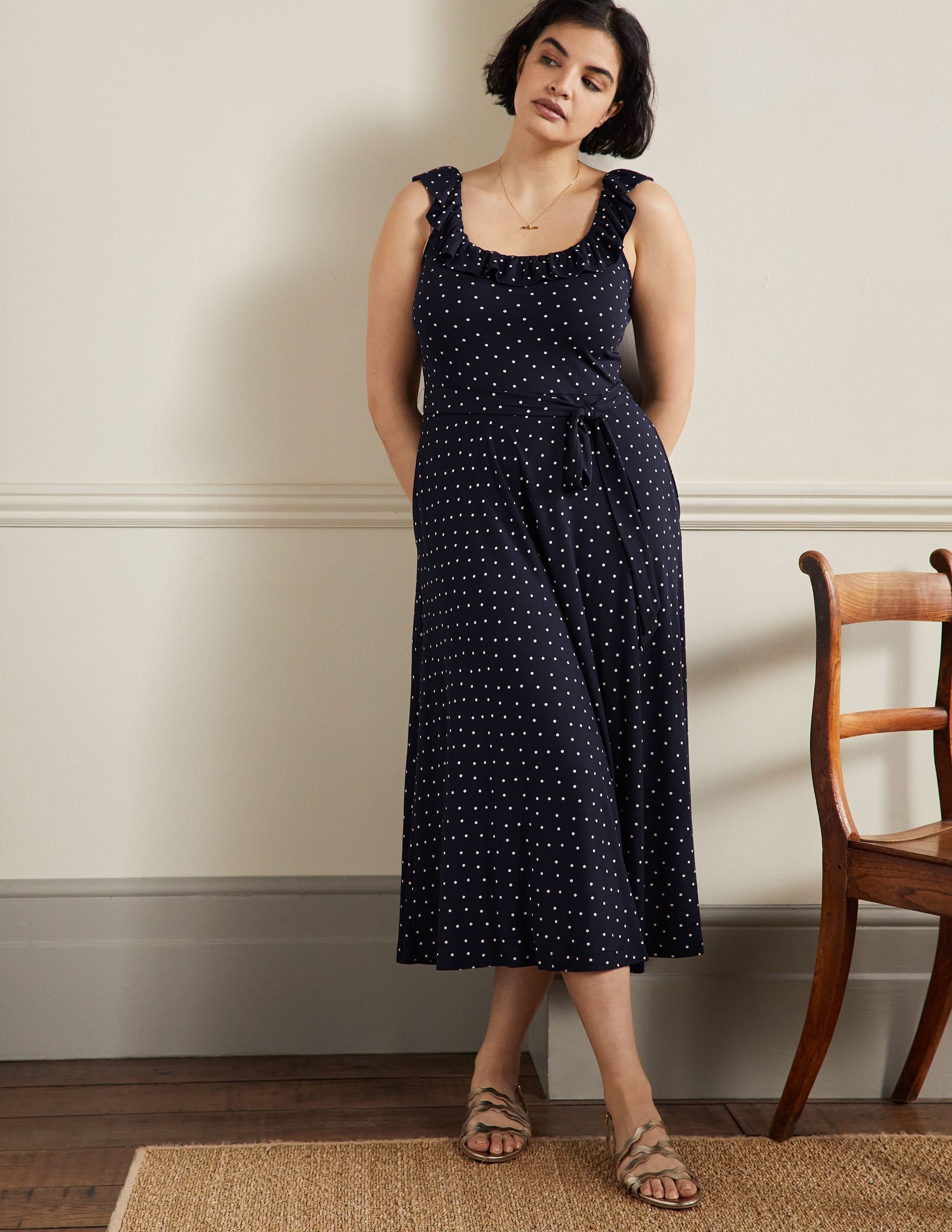 Ruffle Neck Jersey Midi Dress-French Navy, Pin Dot - Image 6