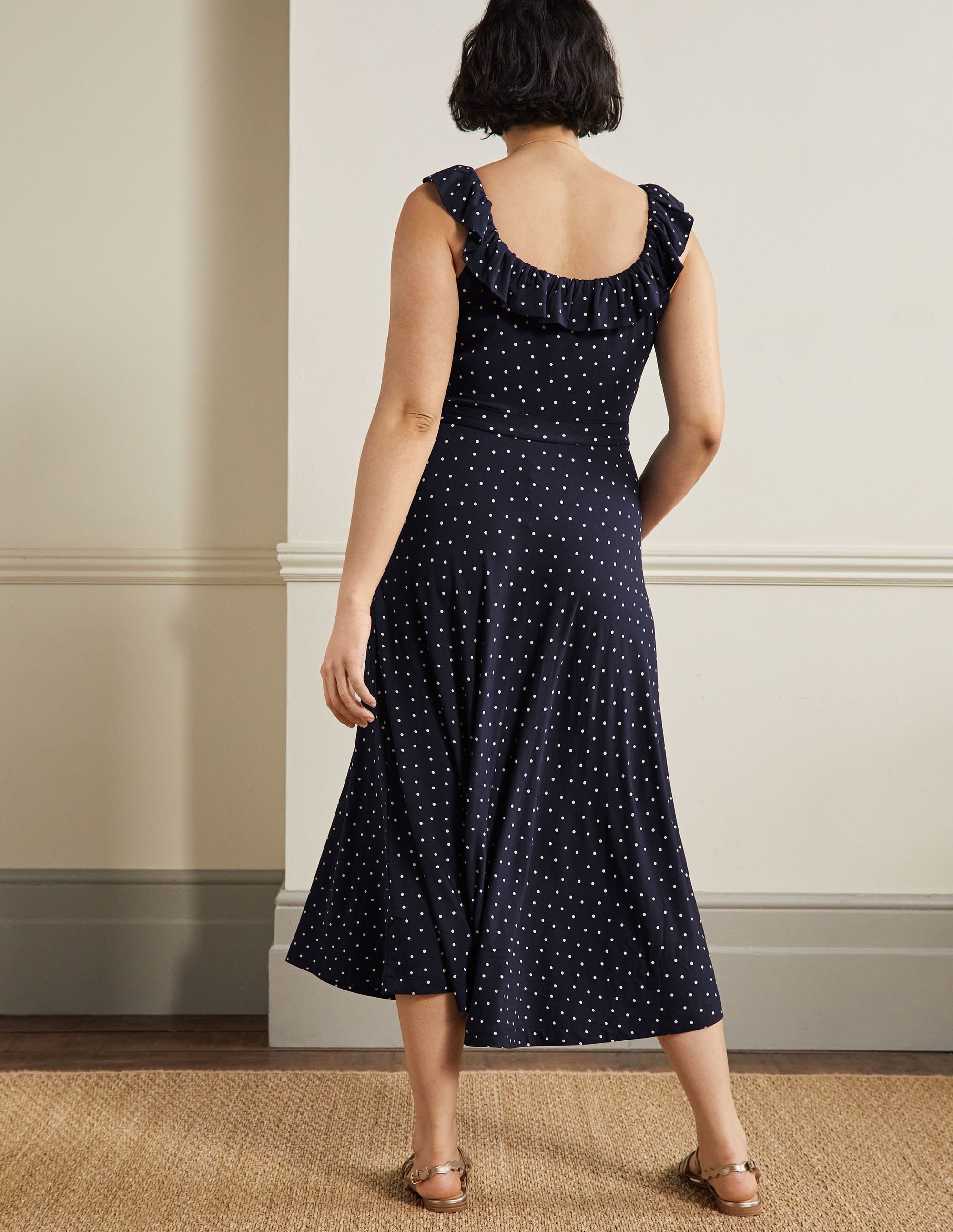 Ruffle Neck Jersey Midi Dress-French Navy, Pin Dot - Image 7