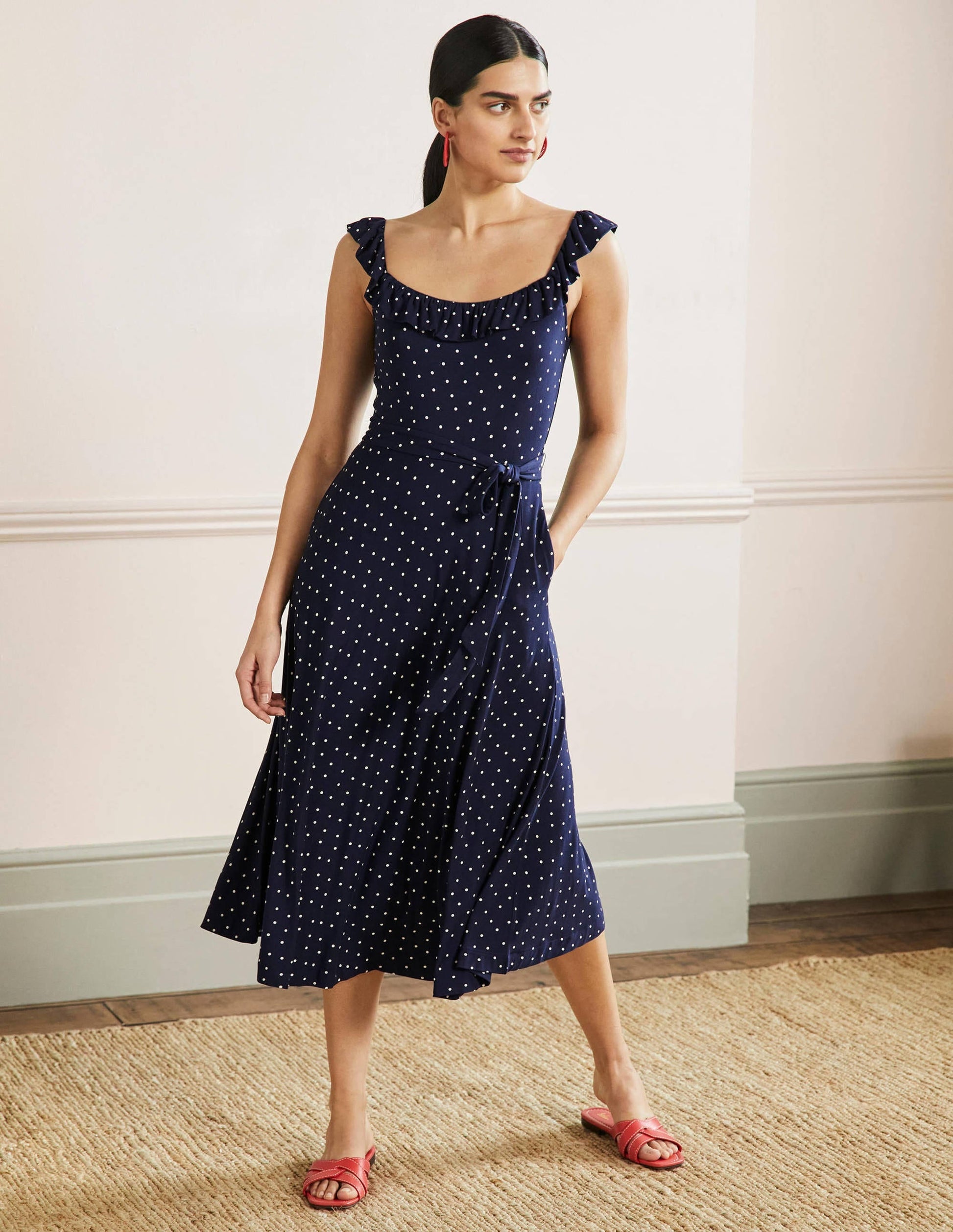 Ruffle Neck Jersey Midi Dress-French Navy, Pin Dot-1