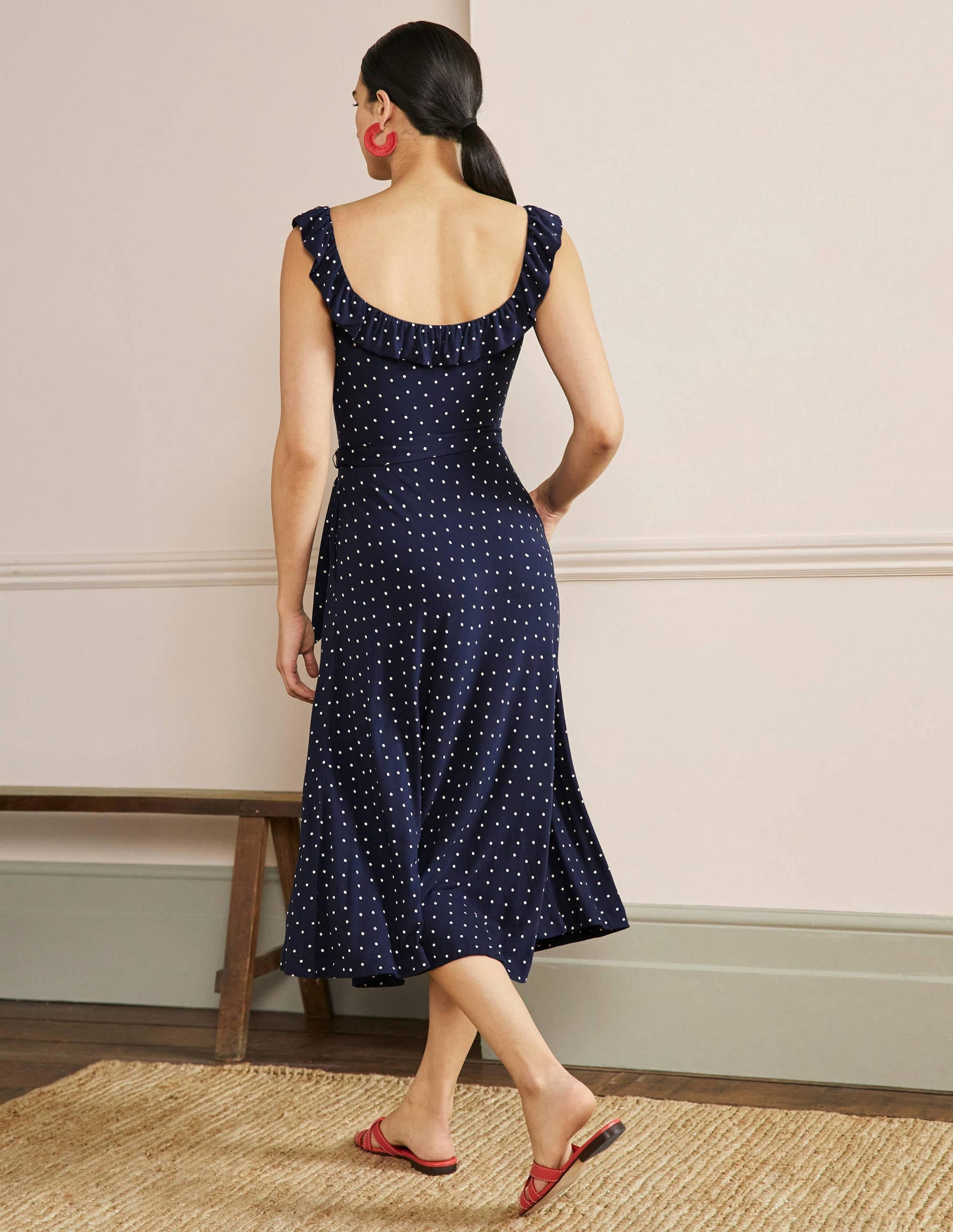 Ruffle Neck Jersey Midi Dress-French Navy, Pin Dot-3