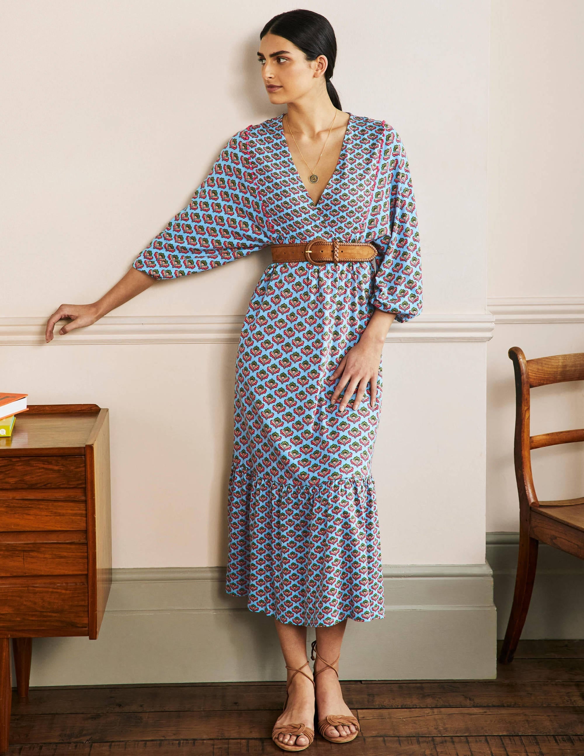 Anita Jersey Midi Dress-Dusty Blue, Oriental Bud - Image 1