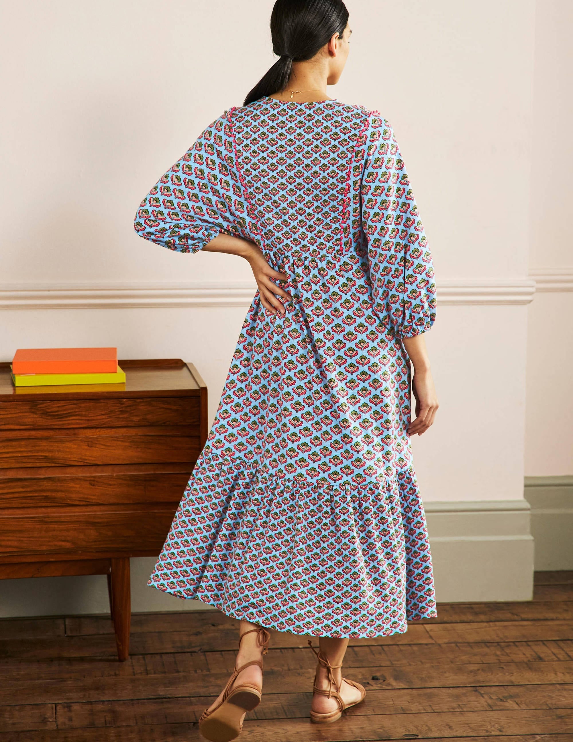 Anita Jersey Midi Dress-Dusty Blue, Oriental Bud - Image 3