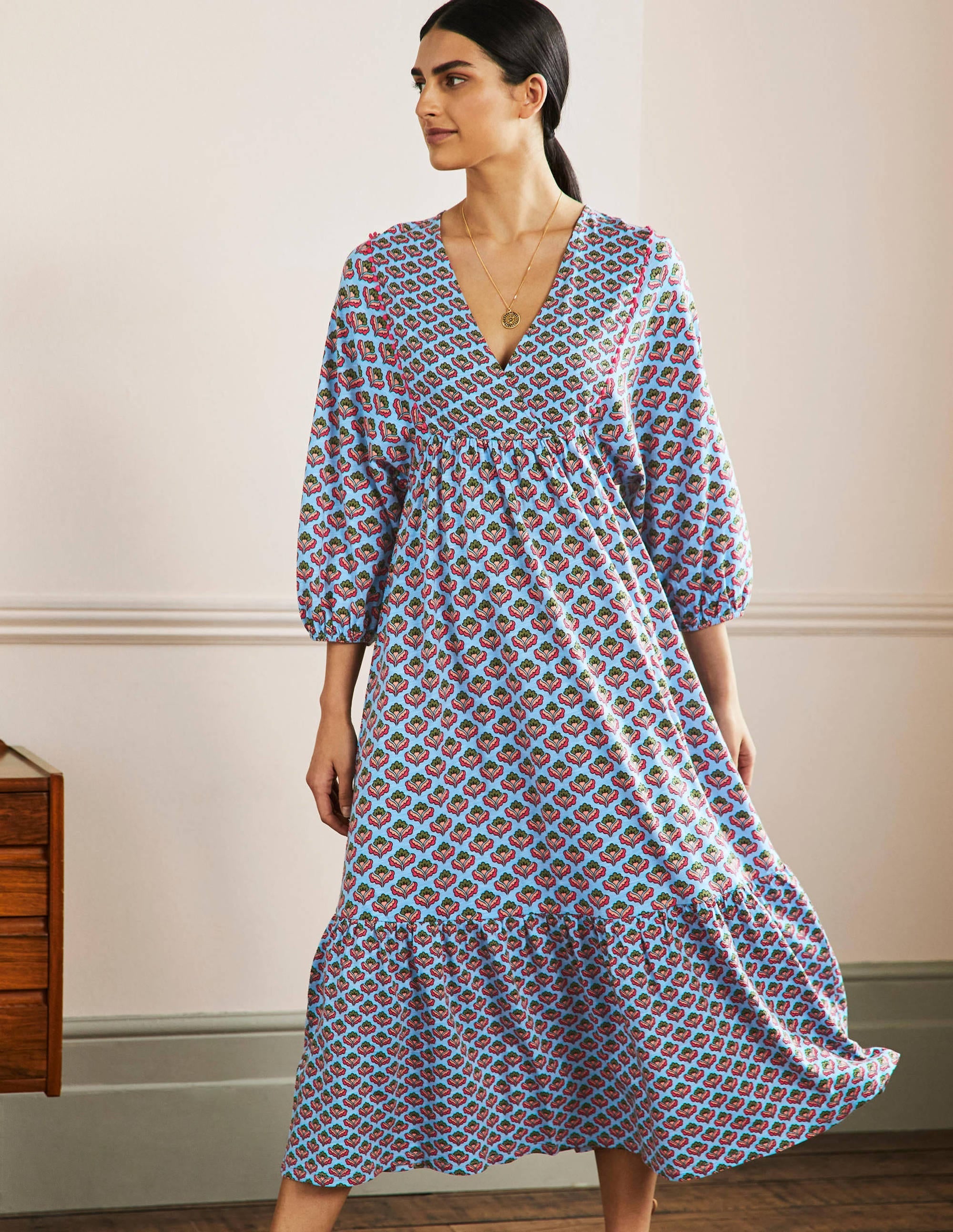 Anita Jersey Midi Dress-Dusty Blue, Oriental Bud - Image 4