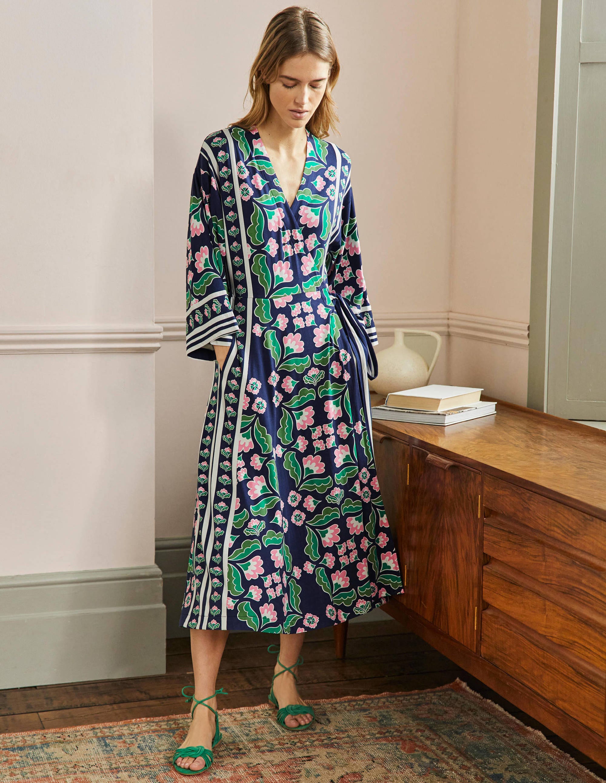 Wrap Jersey Midi Dress-French Navy, Oriental Bud - Image 1
