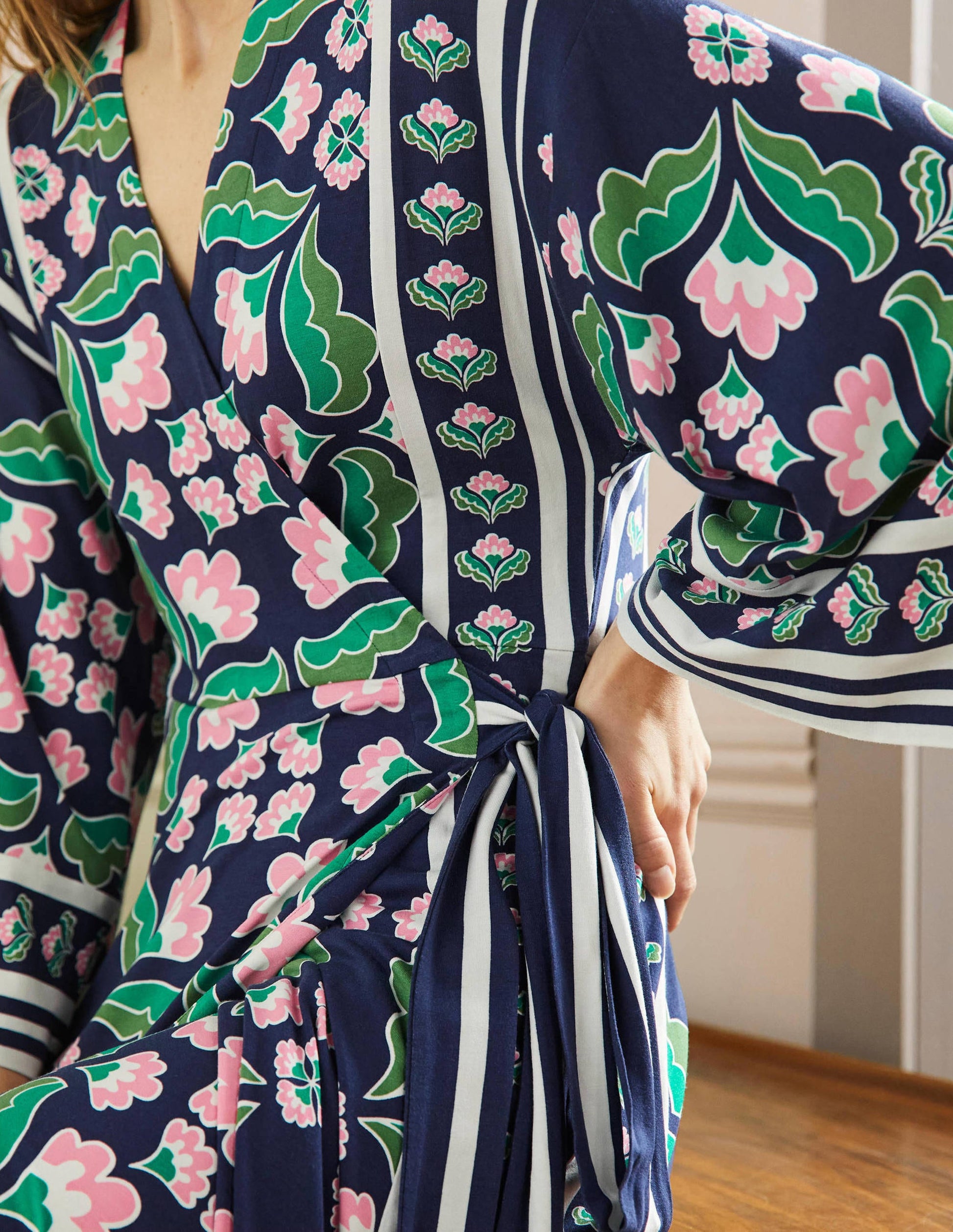 Wrap Jersey Midi Dress-French Navy, Oriental Bud-2