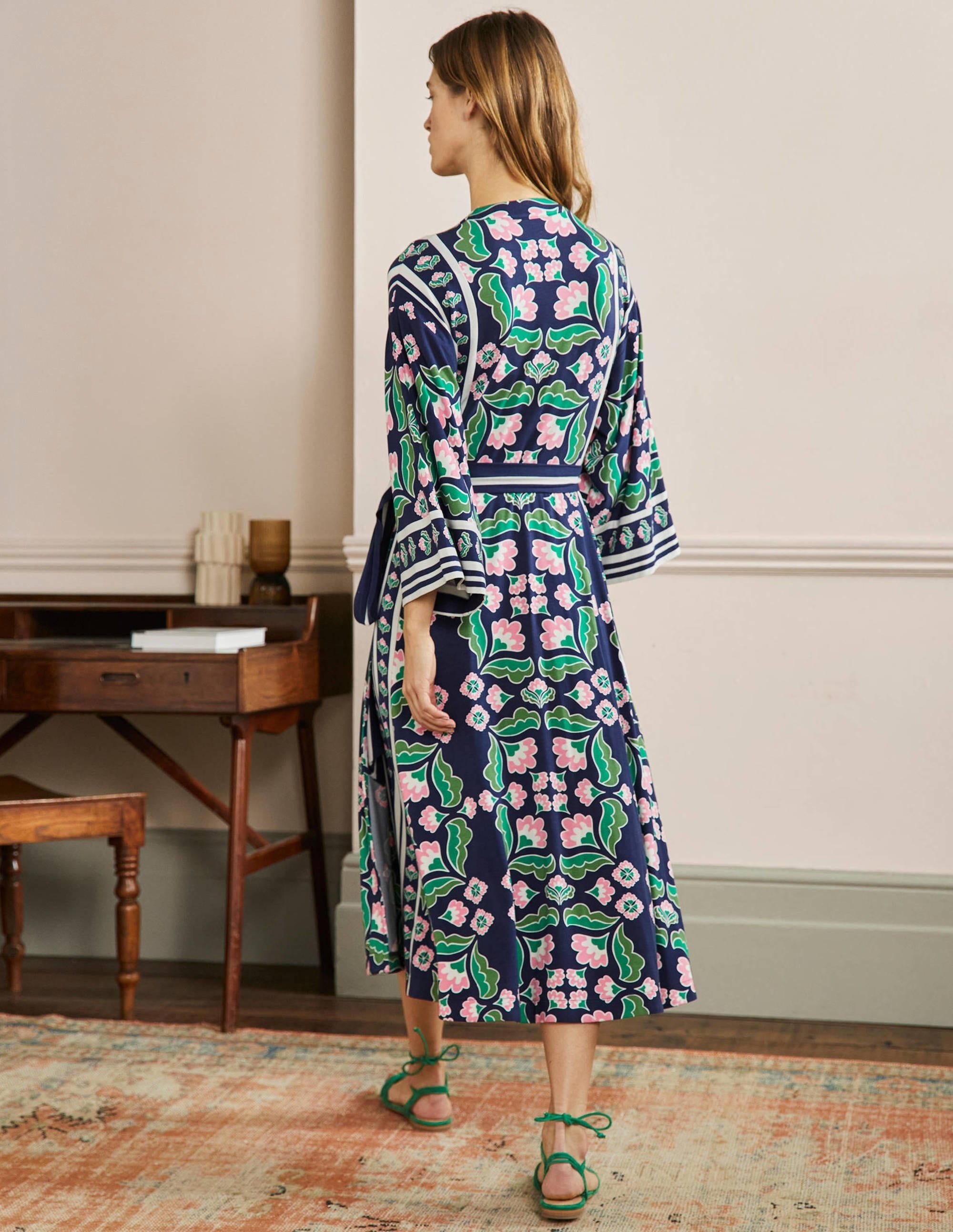 Wrap Jersey Midi Dress-French Navy, Oriental Bud - Image 3