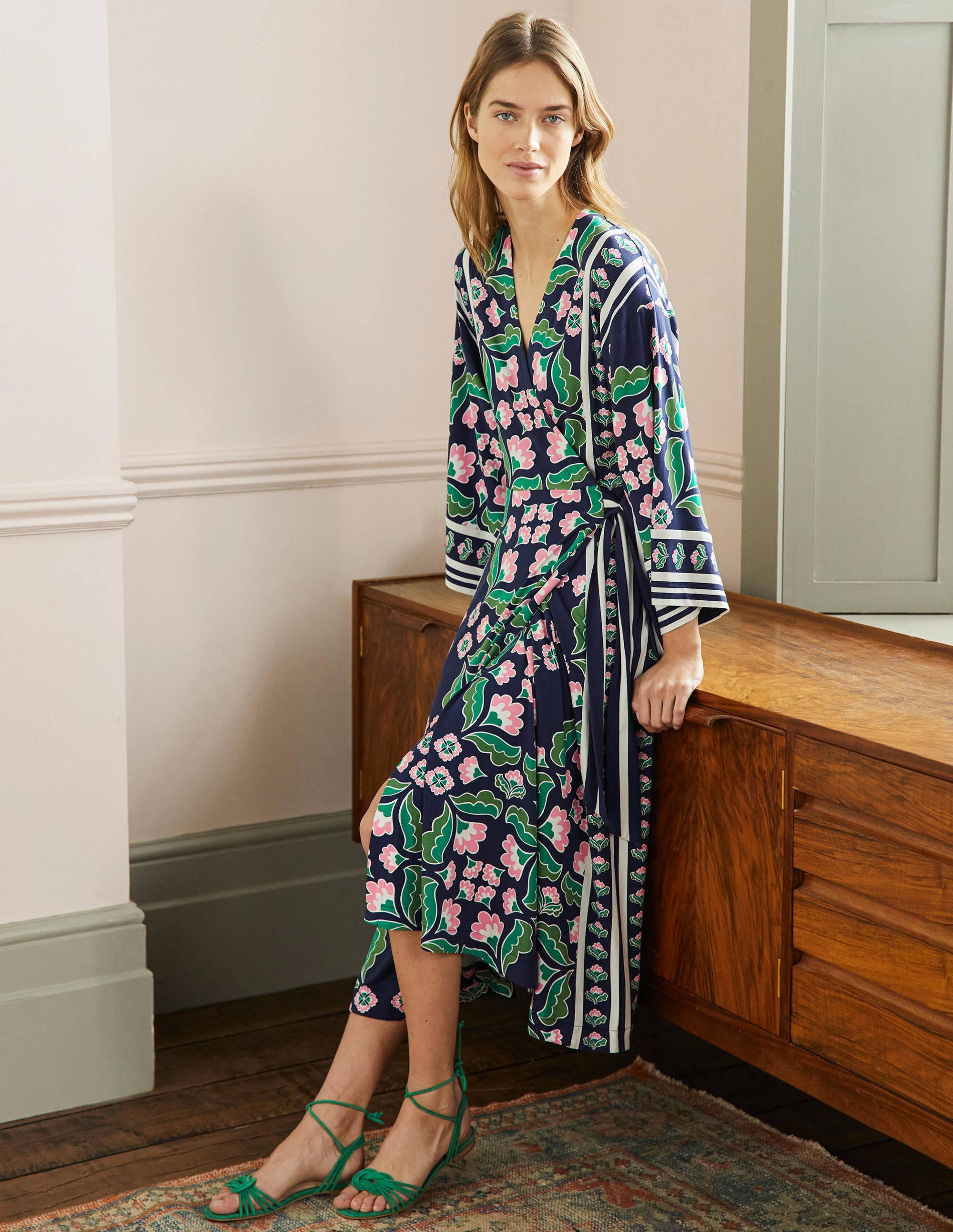 Wrap Jersey Midi Dress-French Navy, Oriental Bud - Image 4