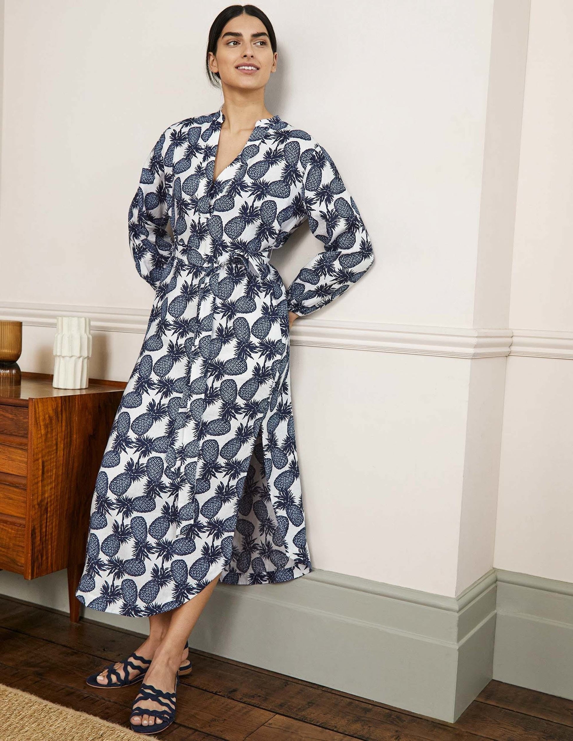 Long Sleeve Linen Maxi Dress-Ivory, Pineapple Cluster-1
