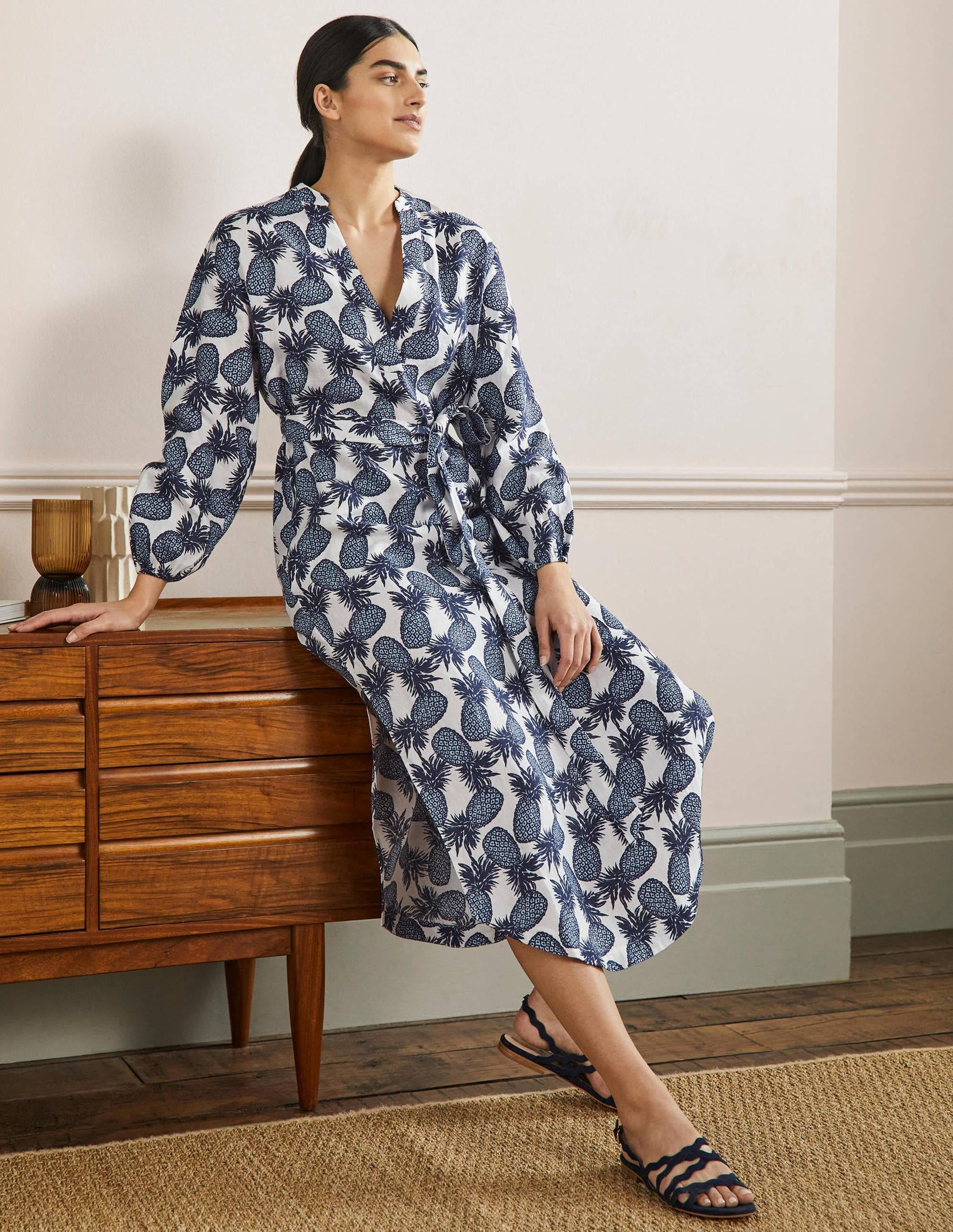 Long Sleeve Linen Maxi Dress-Ivory, Pineapple Cluster-4