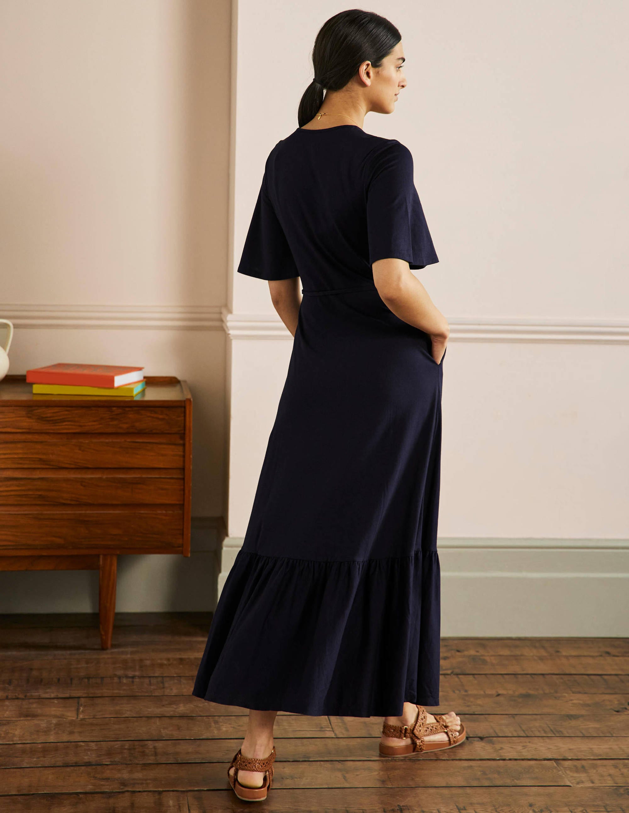 Notch Neck Jersey Maxi Dress-Navy - Image 3