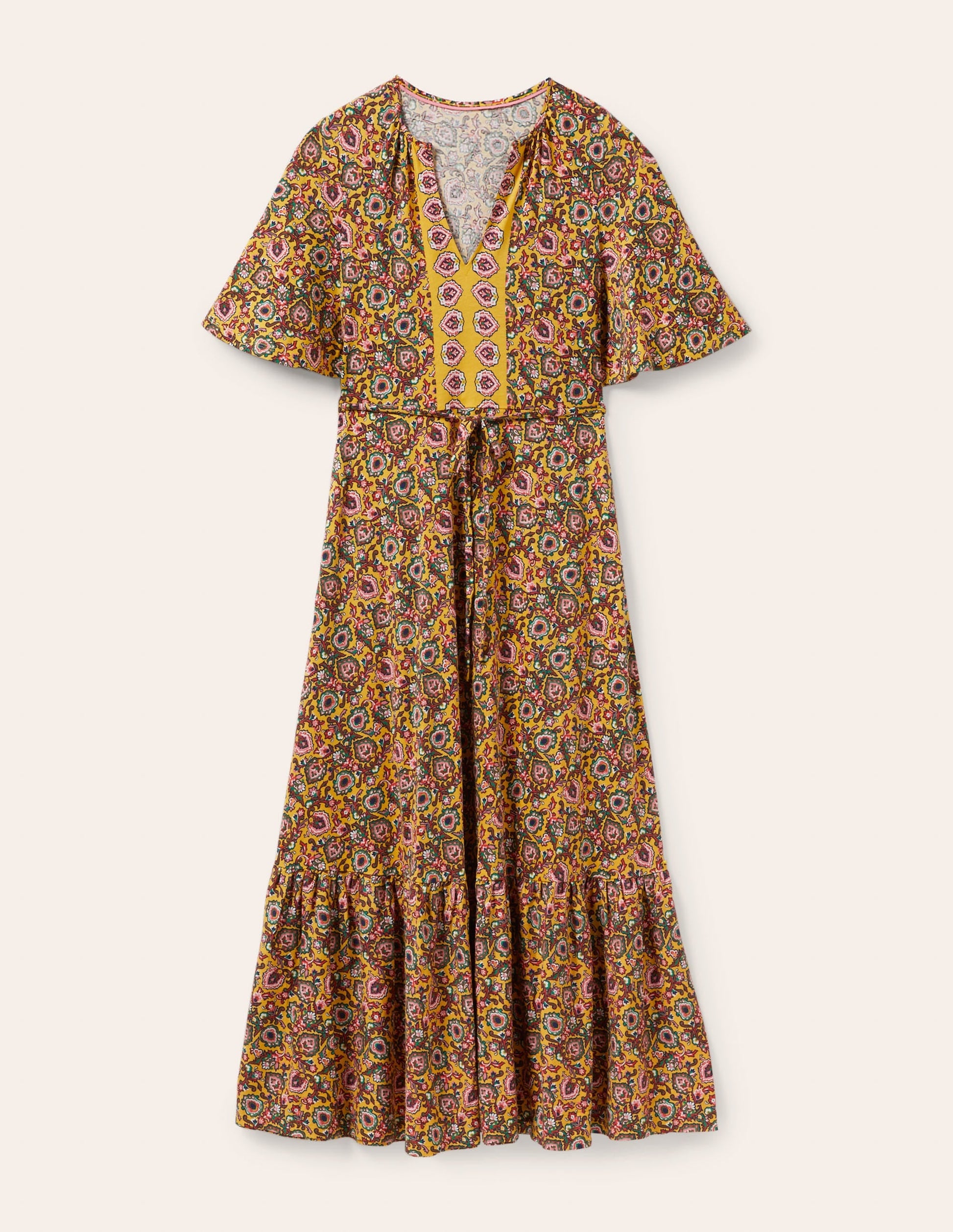 Notch Neck Jersey Maxi Dress-Honeycomb, Decorative Bloom-5