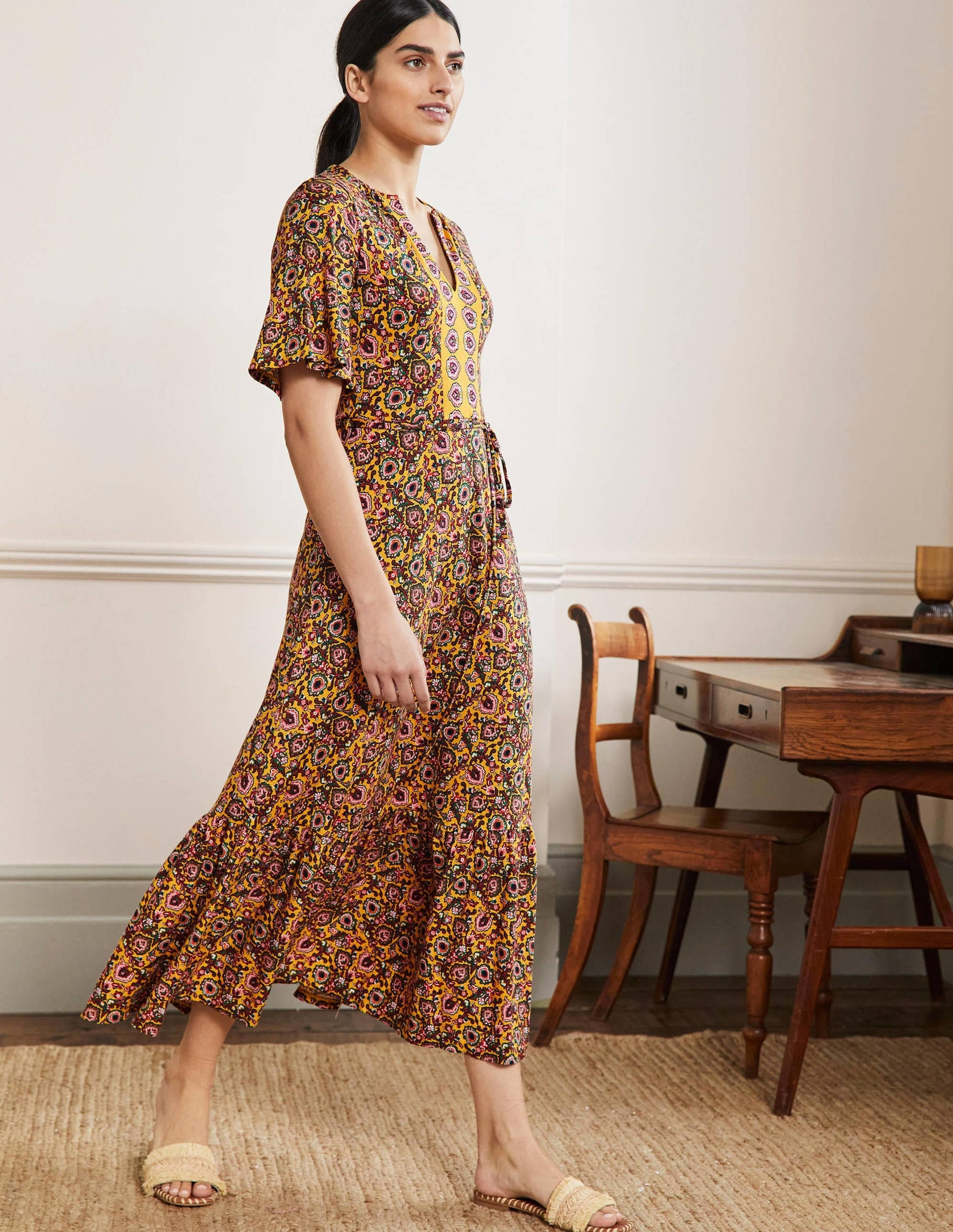 Notch Neck Jersey Maxi Dress-Honeycomb, Decorative Bloom-1