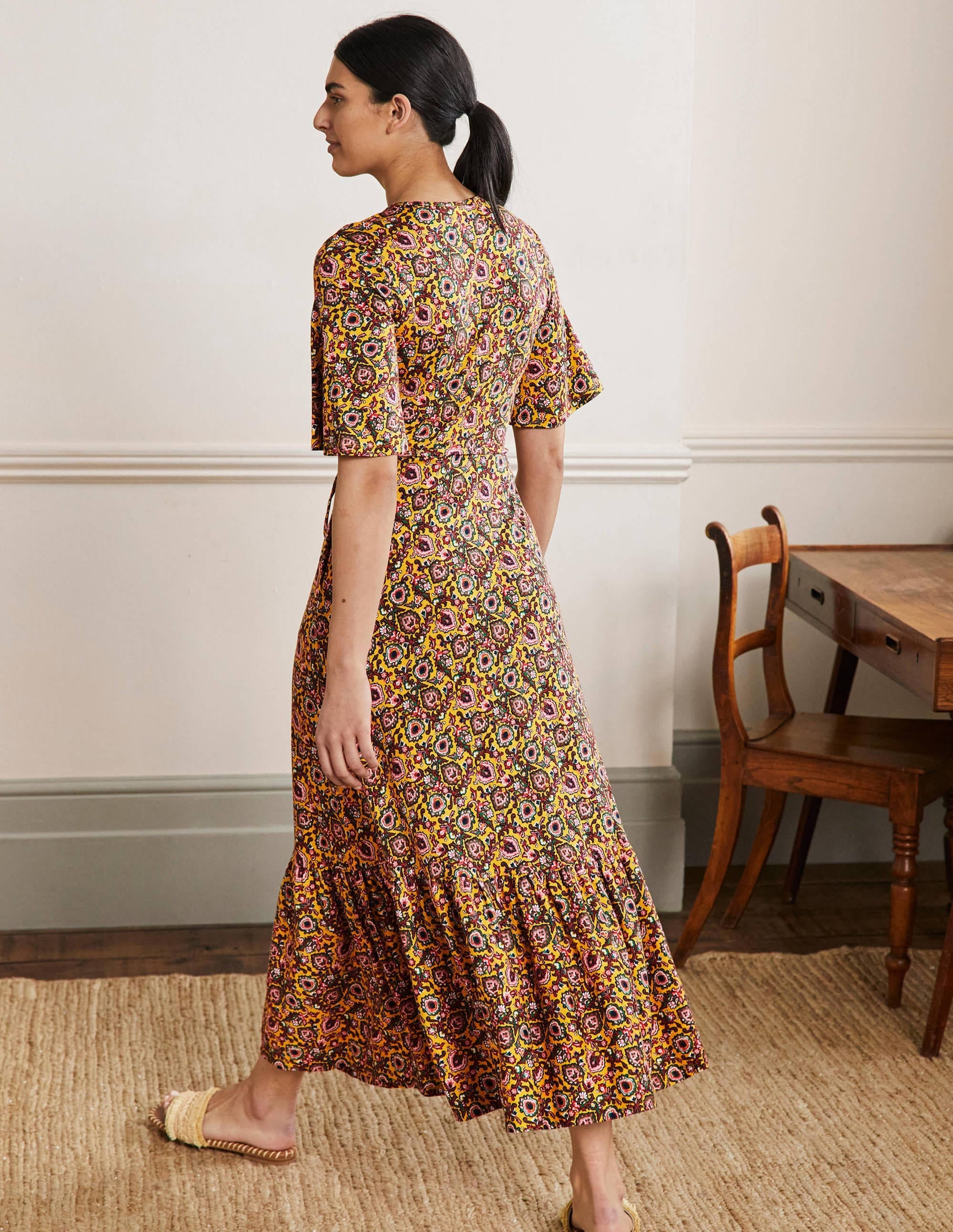 Notch Neck Jersey Maxi Dress-Honeycomb, Decorative Bloom - Image 3