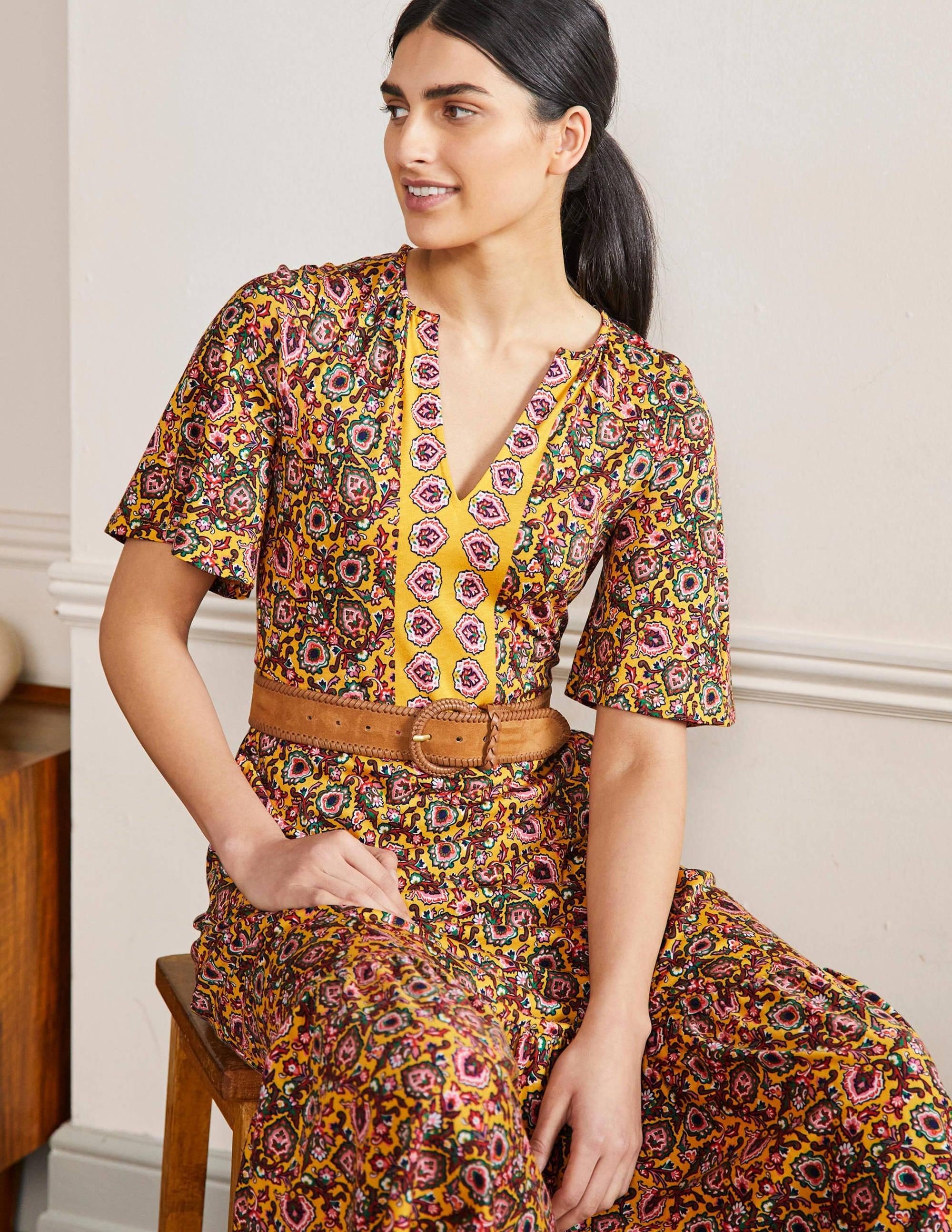 Notch Neck Jersey Maxi Dress-Honeycomb, Decorative Bloom - Image 4
