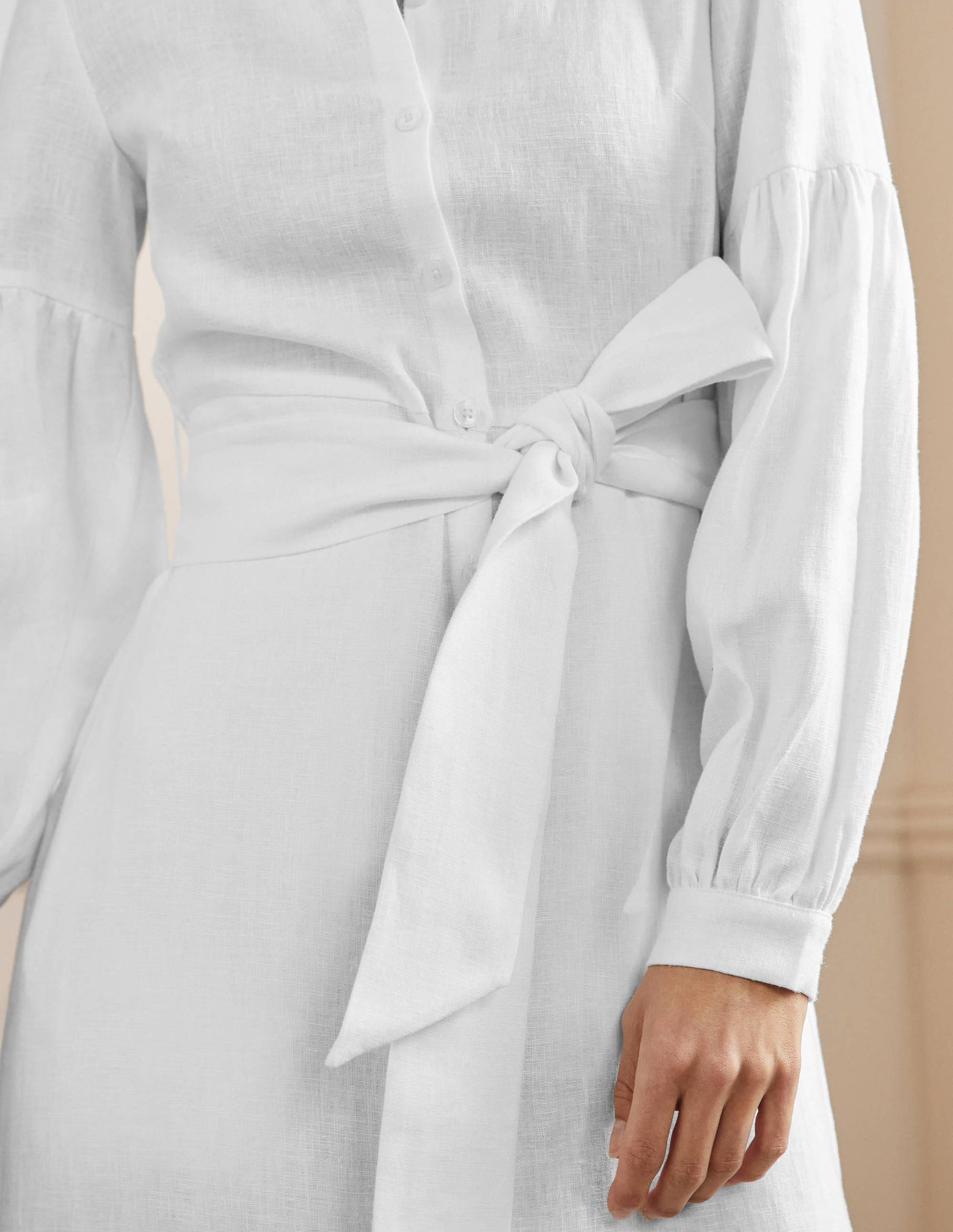 Sleeve Detail Midi Shirt Dress-White-2