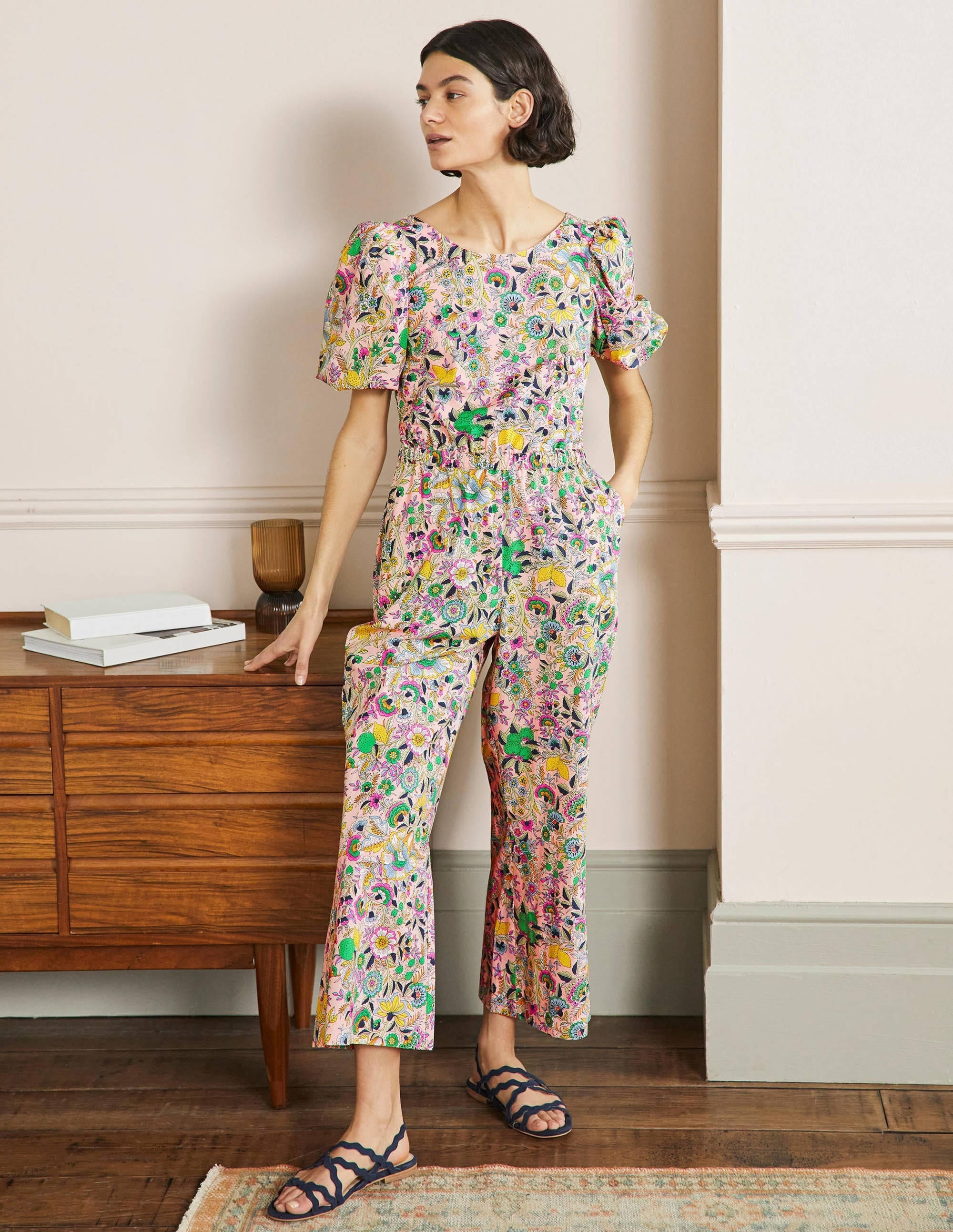 Back Detail Jumpsuit-Pink Tropic Meadow - Image 1