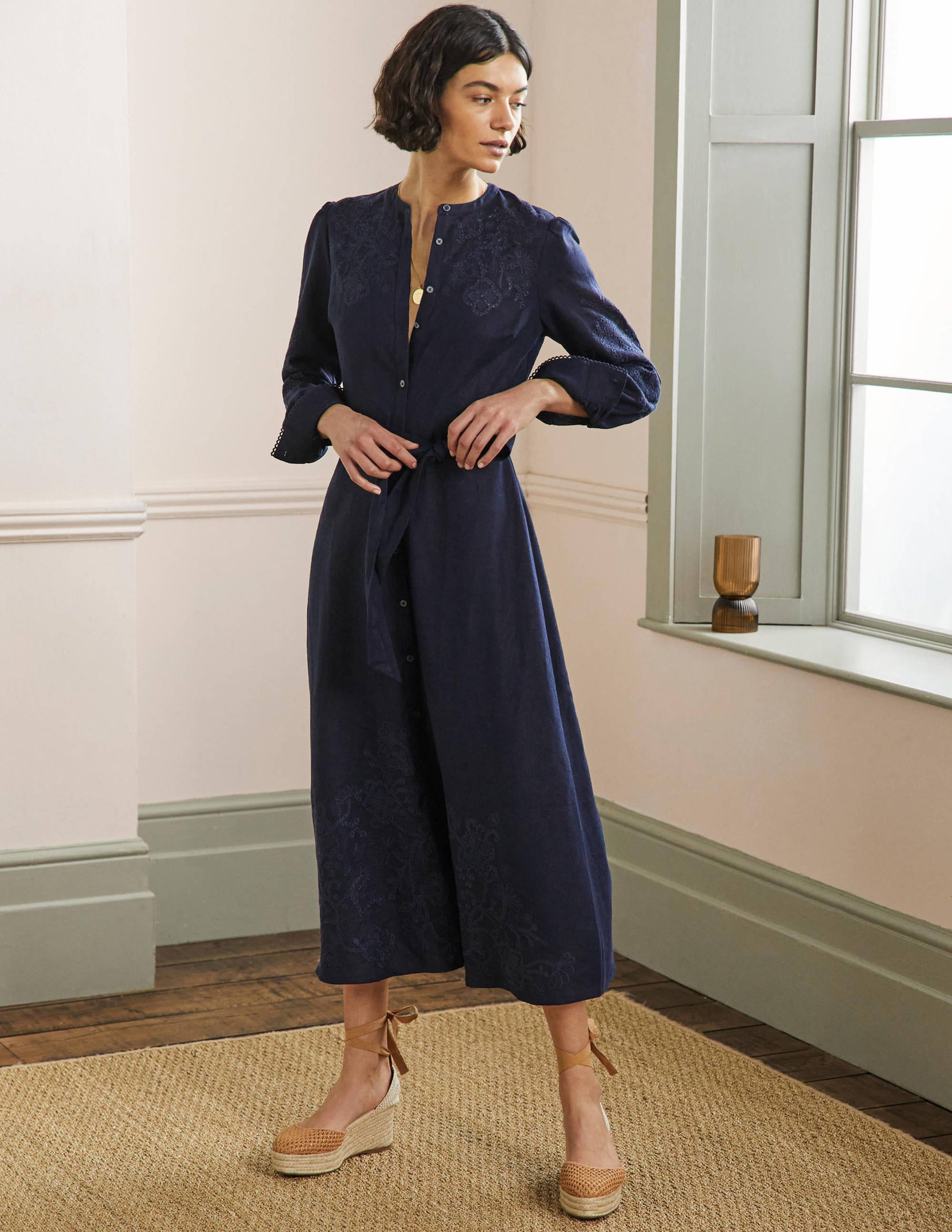 Cut Work Midi Shirt Dress-Navy - Image 9