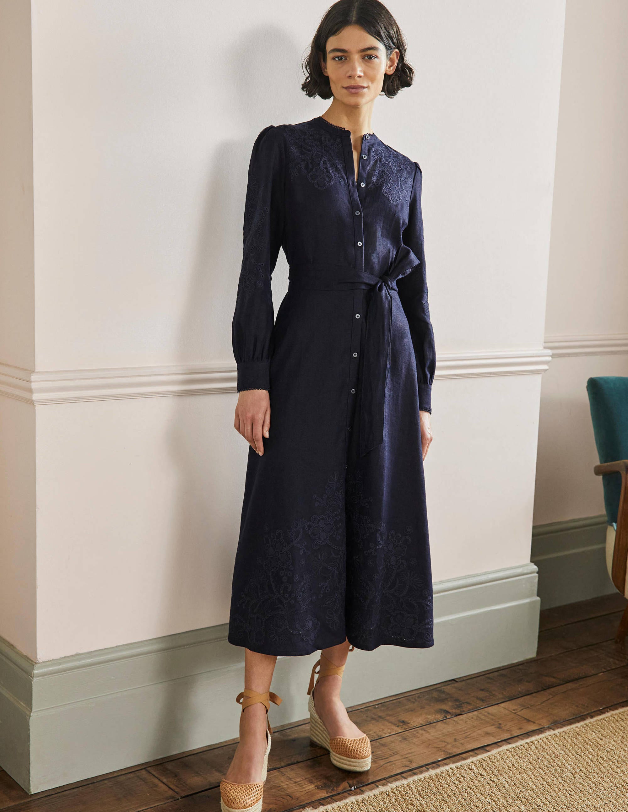 Cut Work Midi Shirt Dress-Navy - Image 1