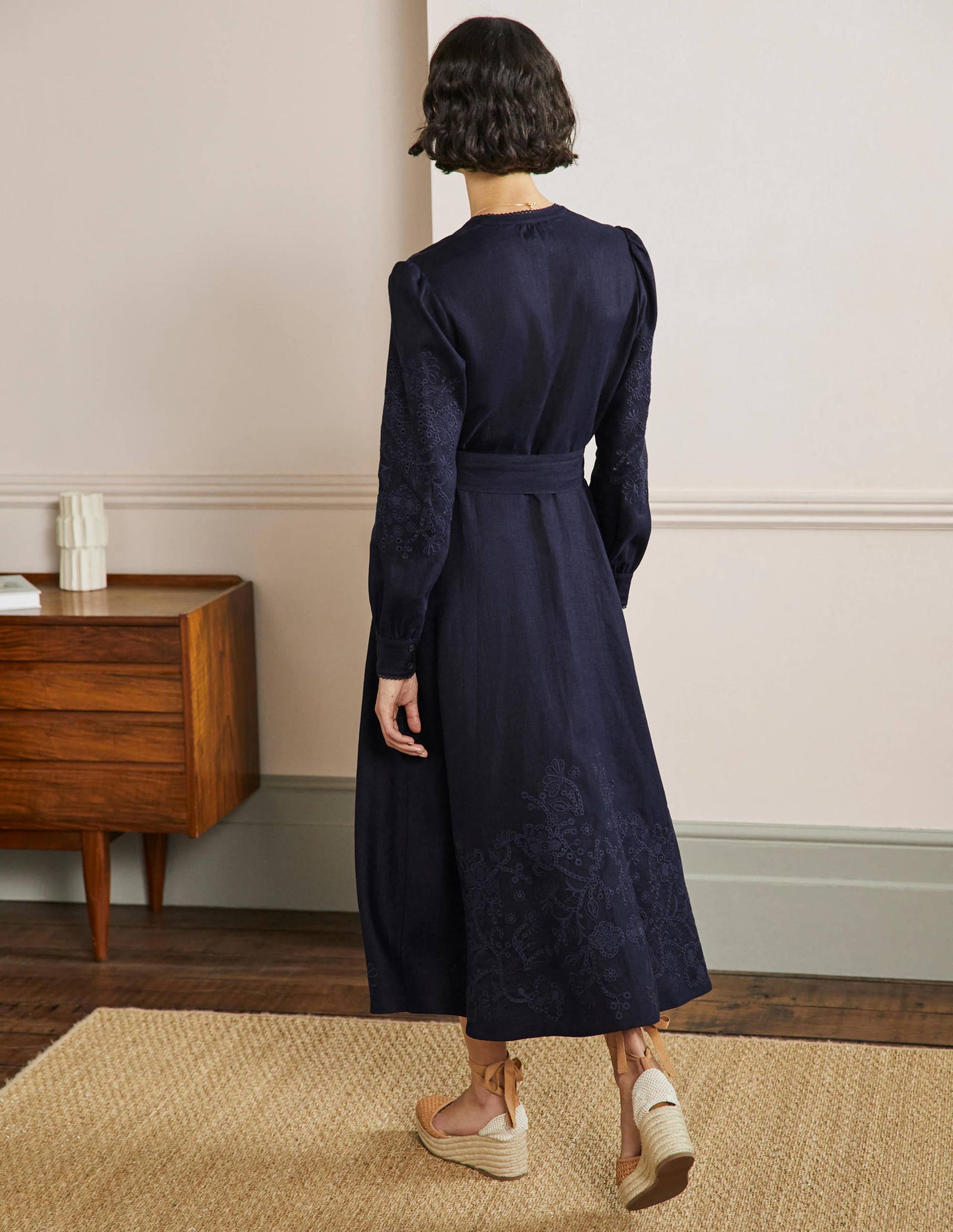Cut Work Midi Shirt Dress-Navy-3