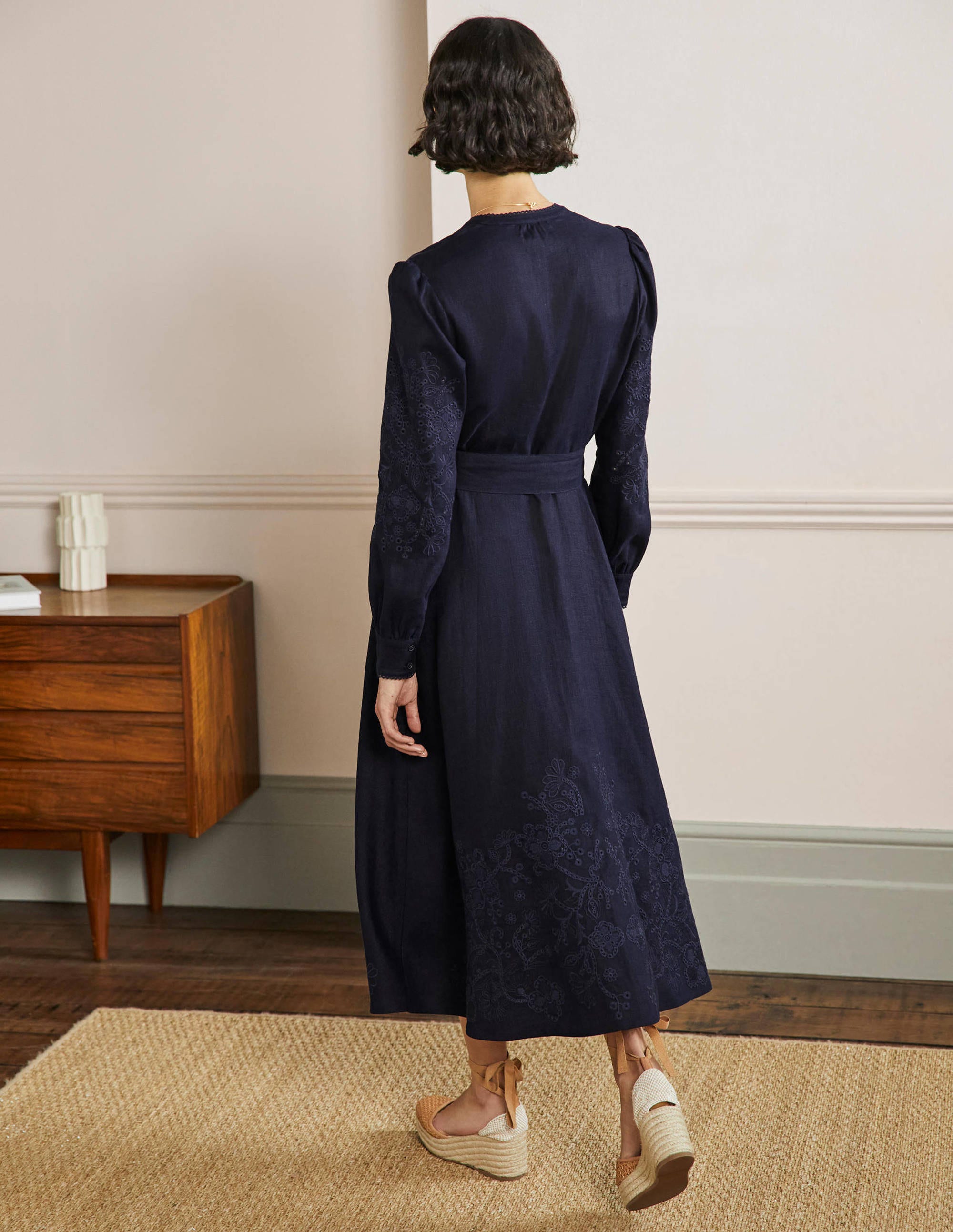 Cut Work Midi Shirt Dress-Navy - Image 3