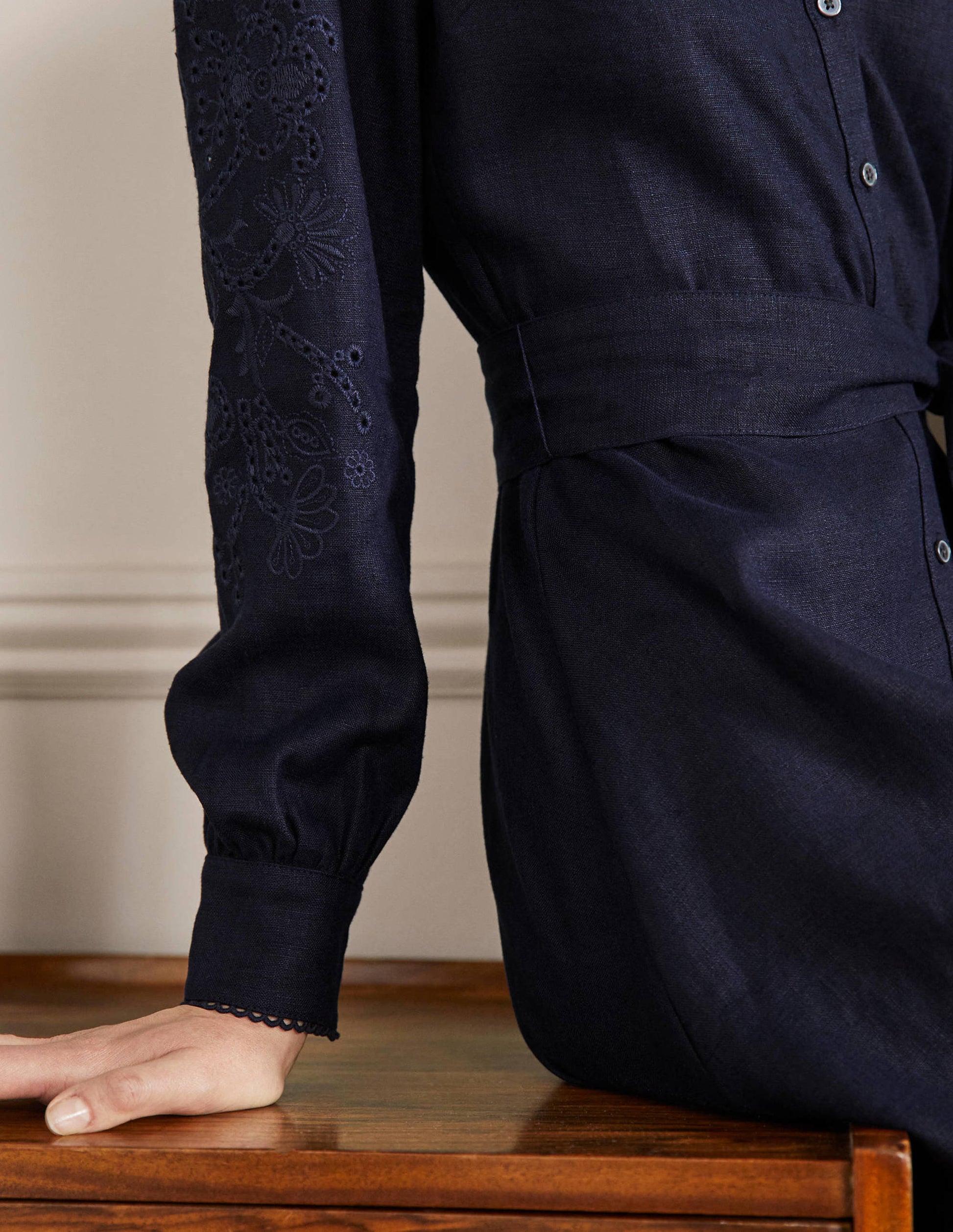 Cut Work Midi Shirt Dress-Navy-5