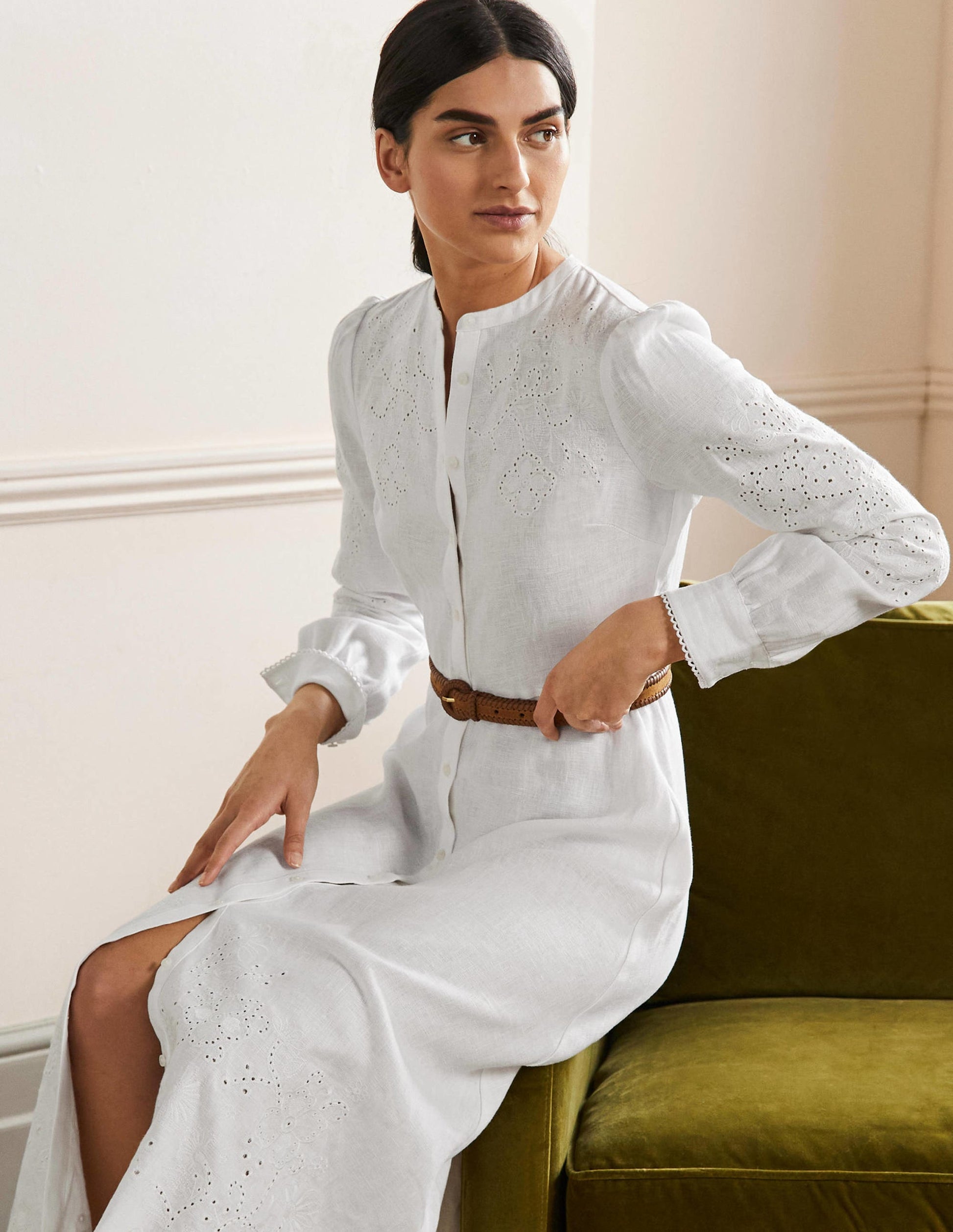 Cut Work Midi Shirt Dress-White-9