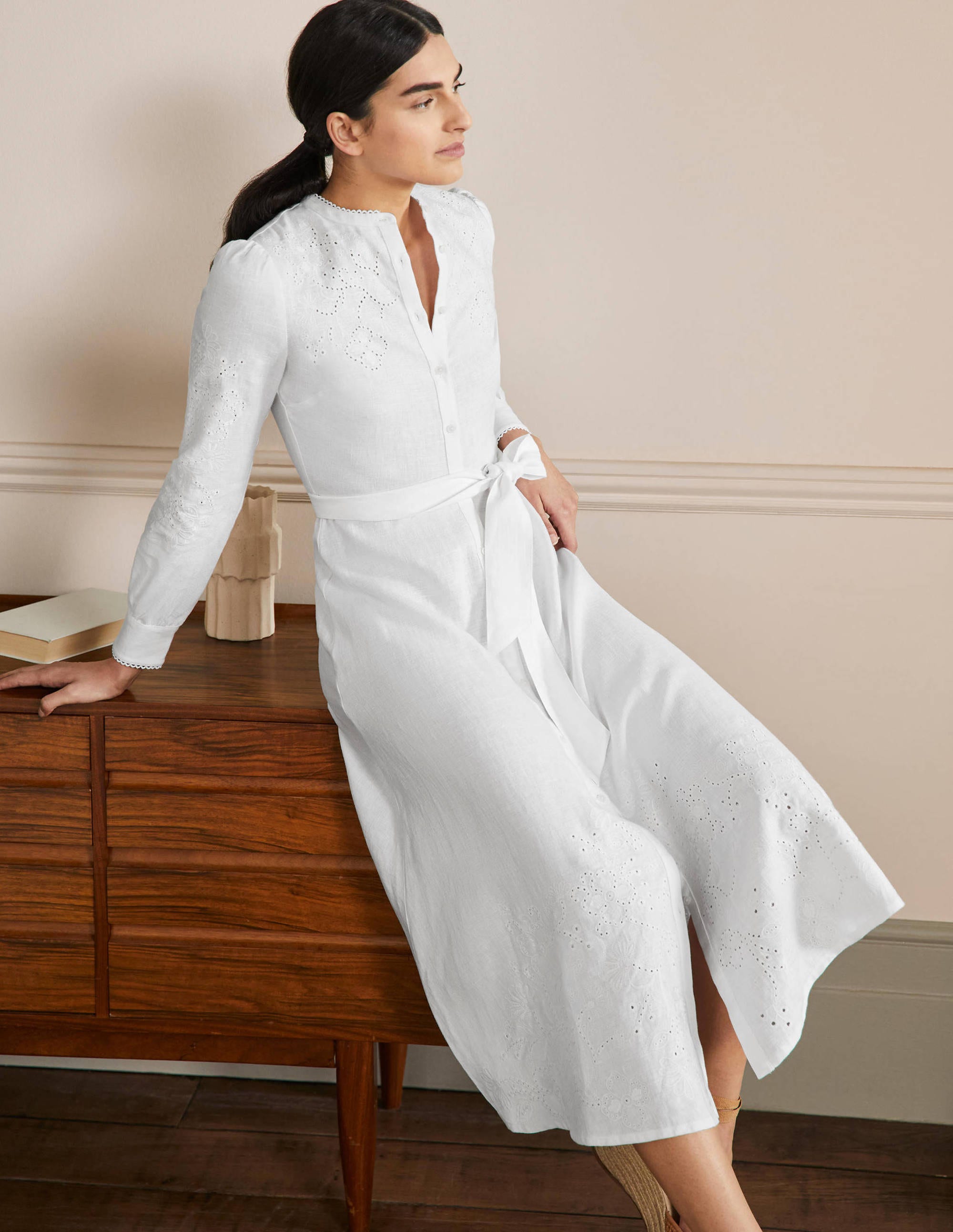 Cut Work Midi Shirt Dress-White - Image 1