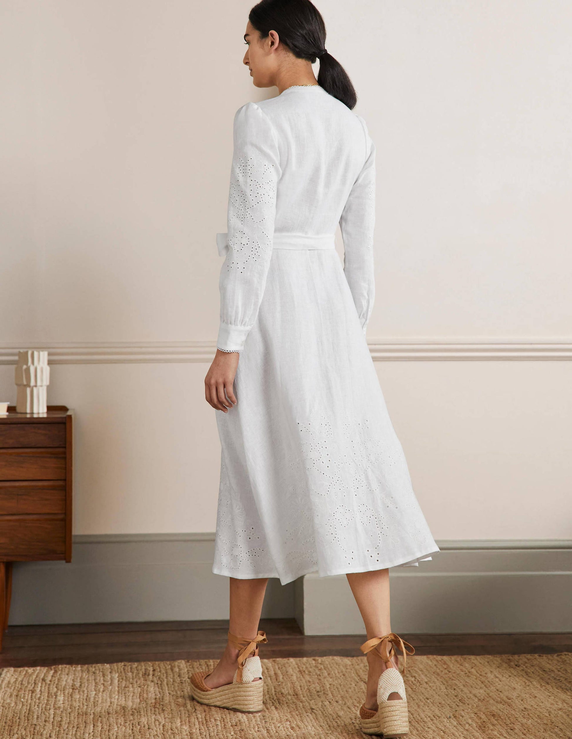 Cut Work Midi Shirt Dress-White-3