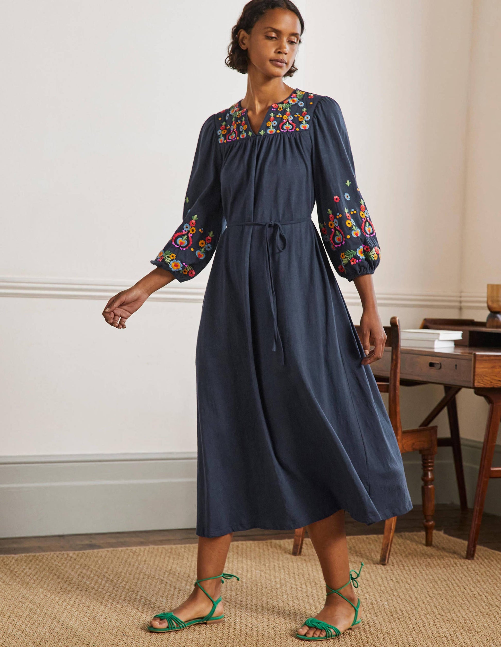 Embroidered Jersey Midi Dress-Navy-1