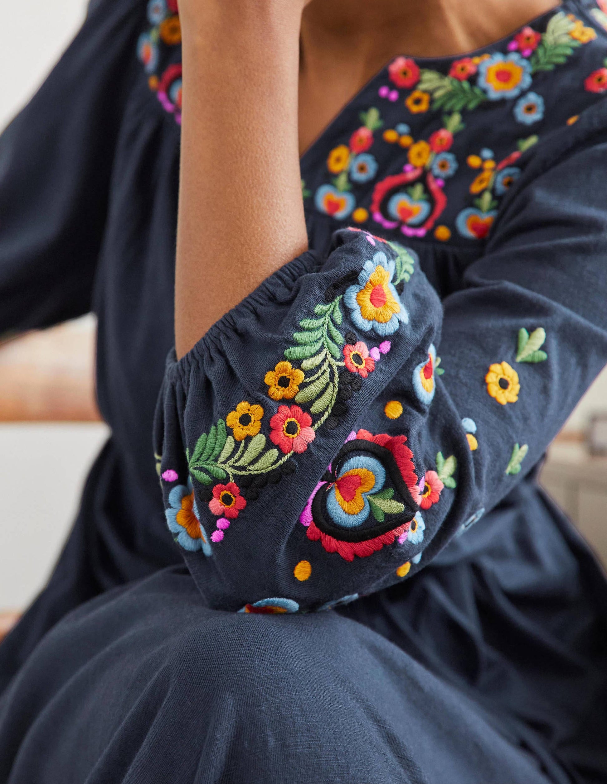 Embroidered Jersey Midi Dress-Navy-2